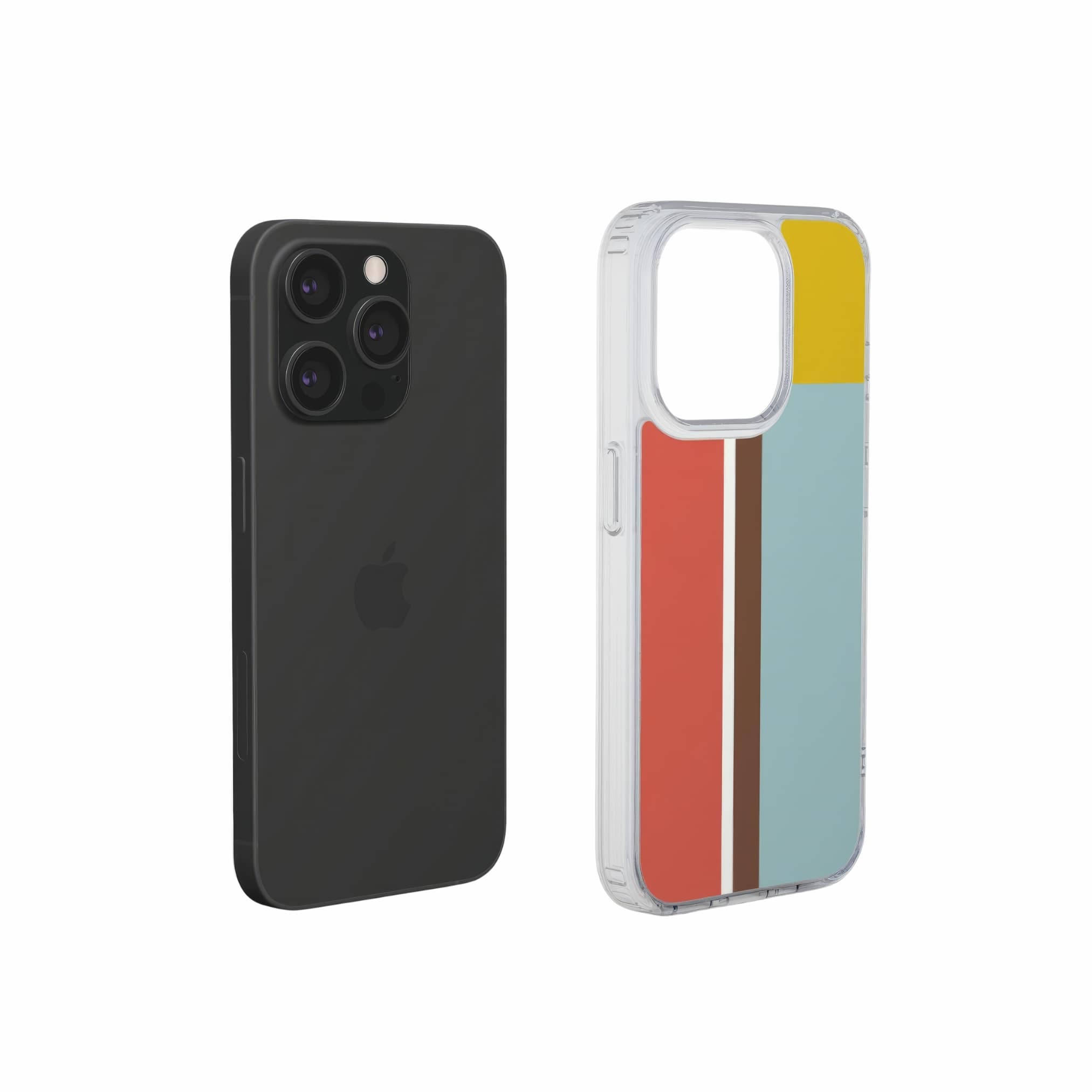 Clear phone case Retro Stripes 2 pattern design with a bold color blocks in vintage, mid century modern style, featuring an elegant and expressive aesthetic design. Main colors are yellow, muted red and light blue. Extend view.