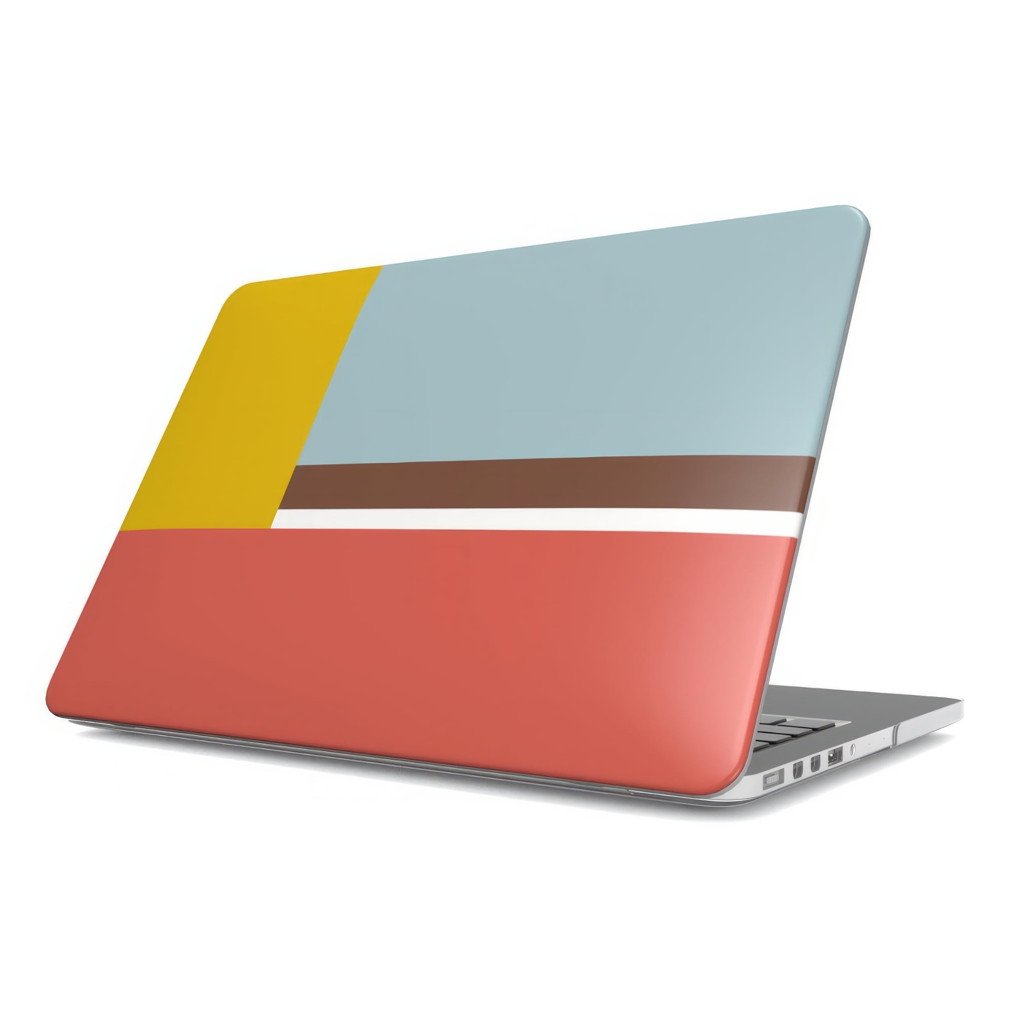 MacBook case Retro Stripes 2 pattern design with a bold color blocks in vintage, mid century modern style, featuring an elegant and expressive aesthetic design. Main colors are yellow, muted red and light blue. Side view.