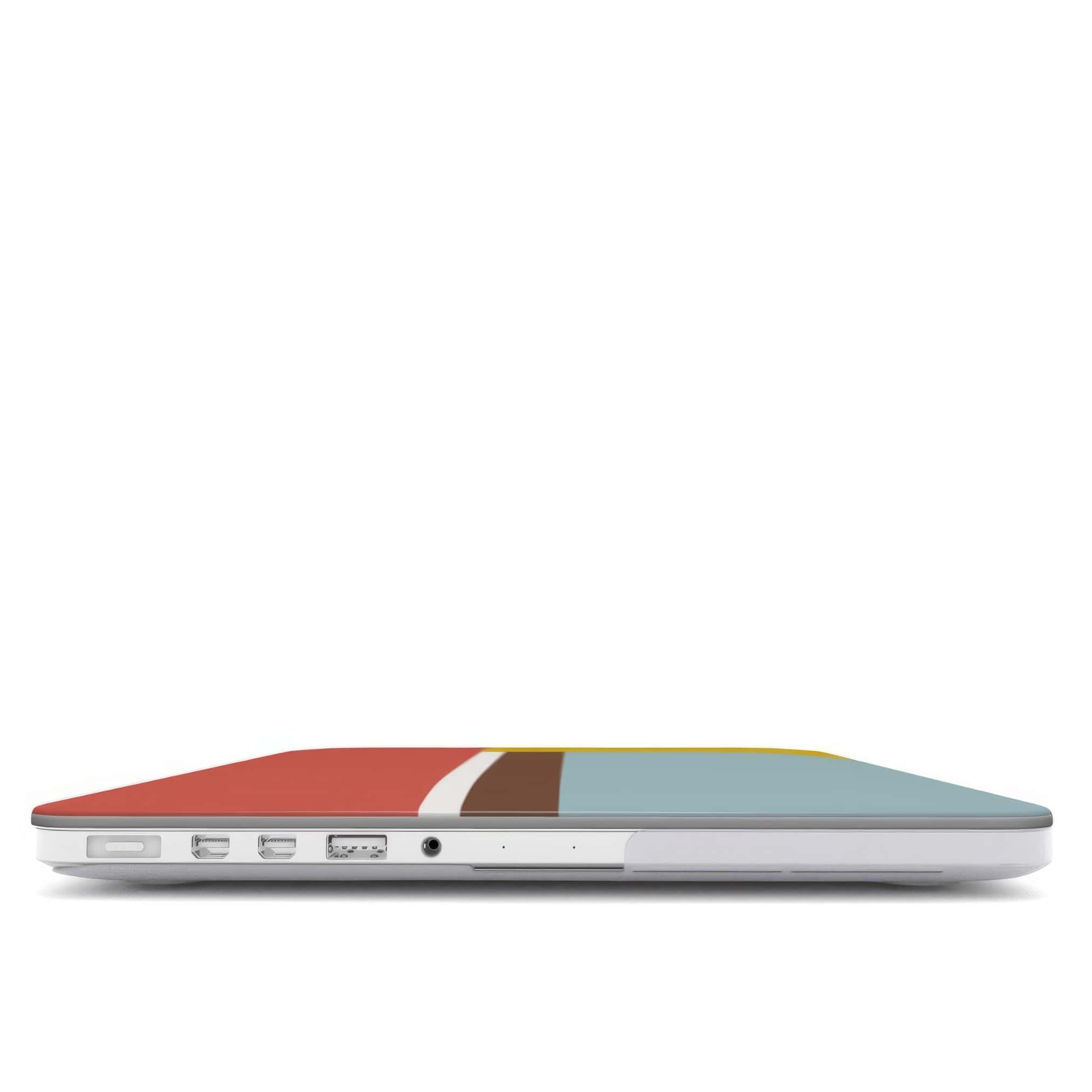 MacBook case Retro Stripes 2 pattern design with a bold color blocks in vintage, mid century modern style, featuring an elegant and expressive aesthetic design. Main colors are yellow, muted red and light blue. Closed view.