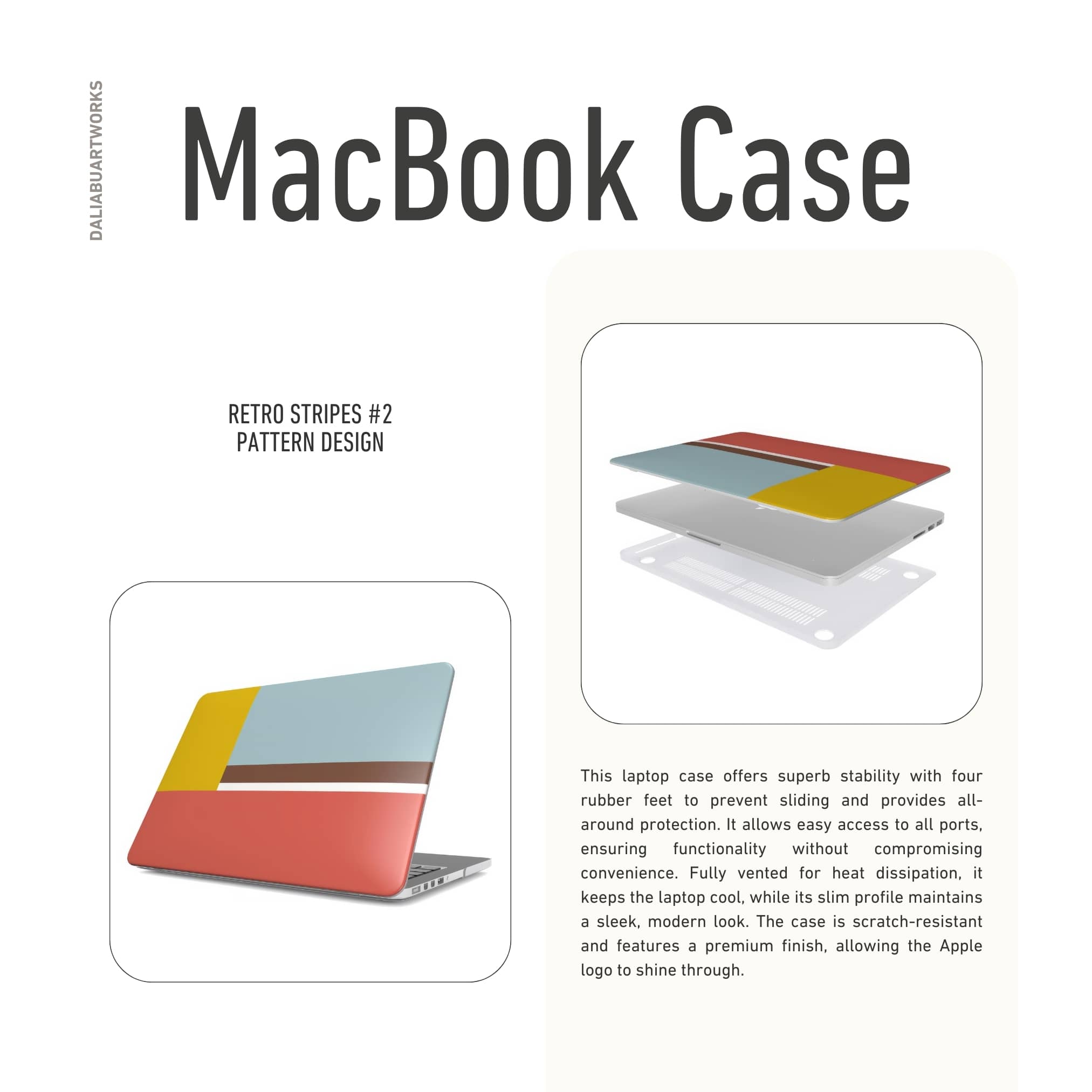 MacBook case Retro Stripes 2 pattern design with a bold color blocks in vintage, mid century modern style, featuring an elegant and expressive aesthetic design. Main colors are yellow, muted red and light blue. Details about laptop cover ventilation features.