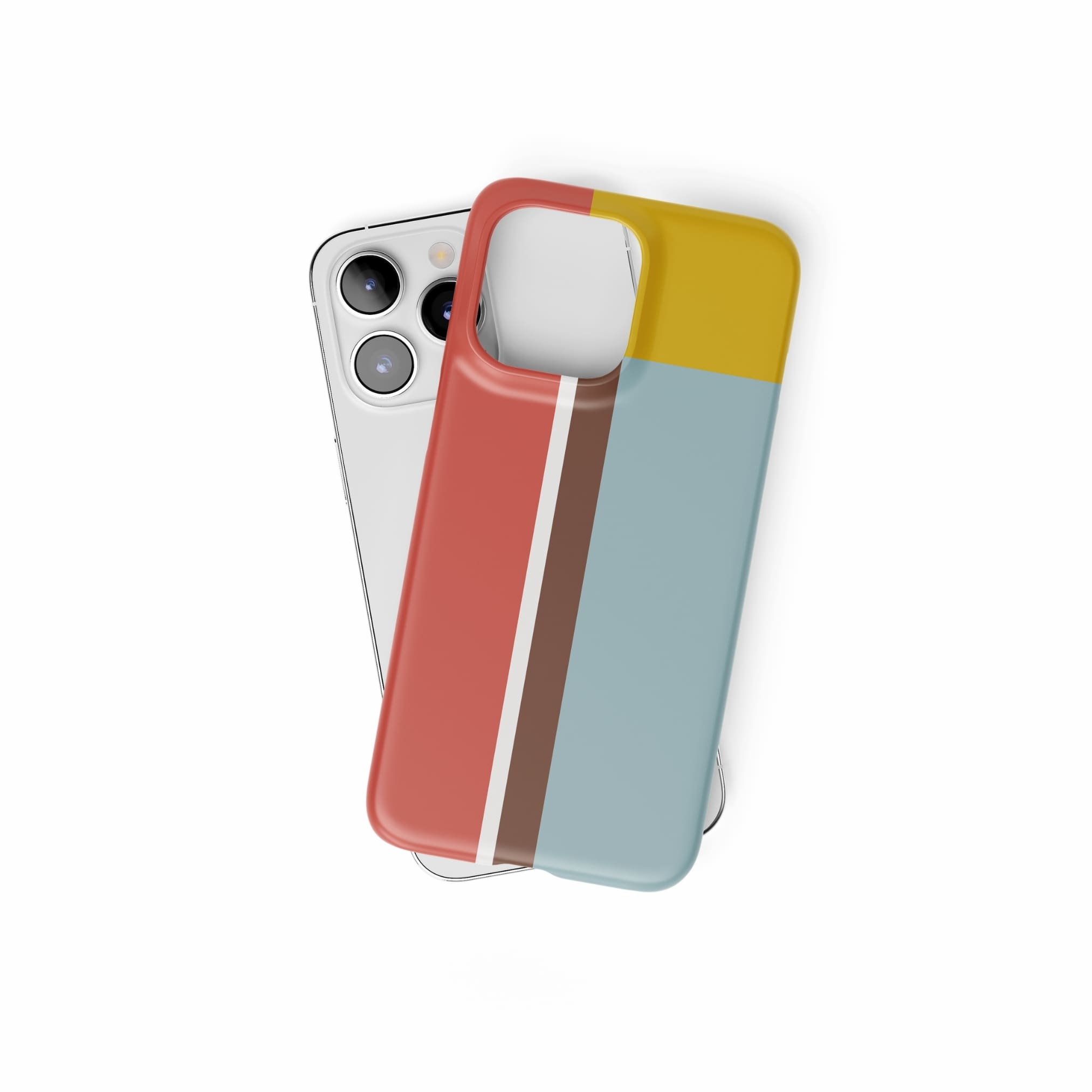 Ultra thin snap phone case Retro Stripes 2 pattern design with a bold color blocks in vintage, mid century modern style, featuring an elegant and expressive aesthetic design. Main colors are yellow, muted red and light blue. Front view.