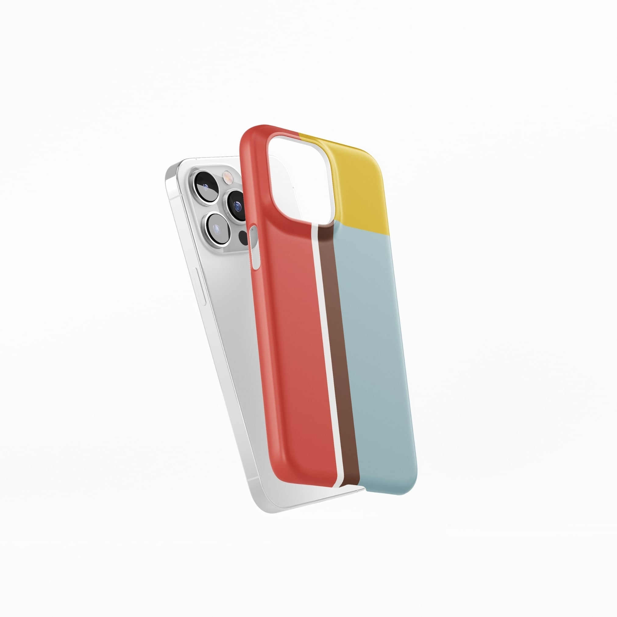 Ultra thin snap phone case Retro Stripes 2 pattern design with a bold color blocks in vintage, mid century modern style, featuring an elegant and expressive aesthetic design. Main colors are yellow, muted red and light blue. Side view.