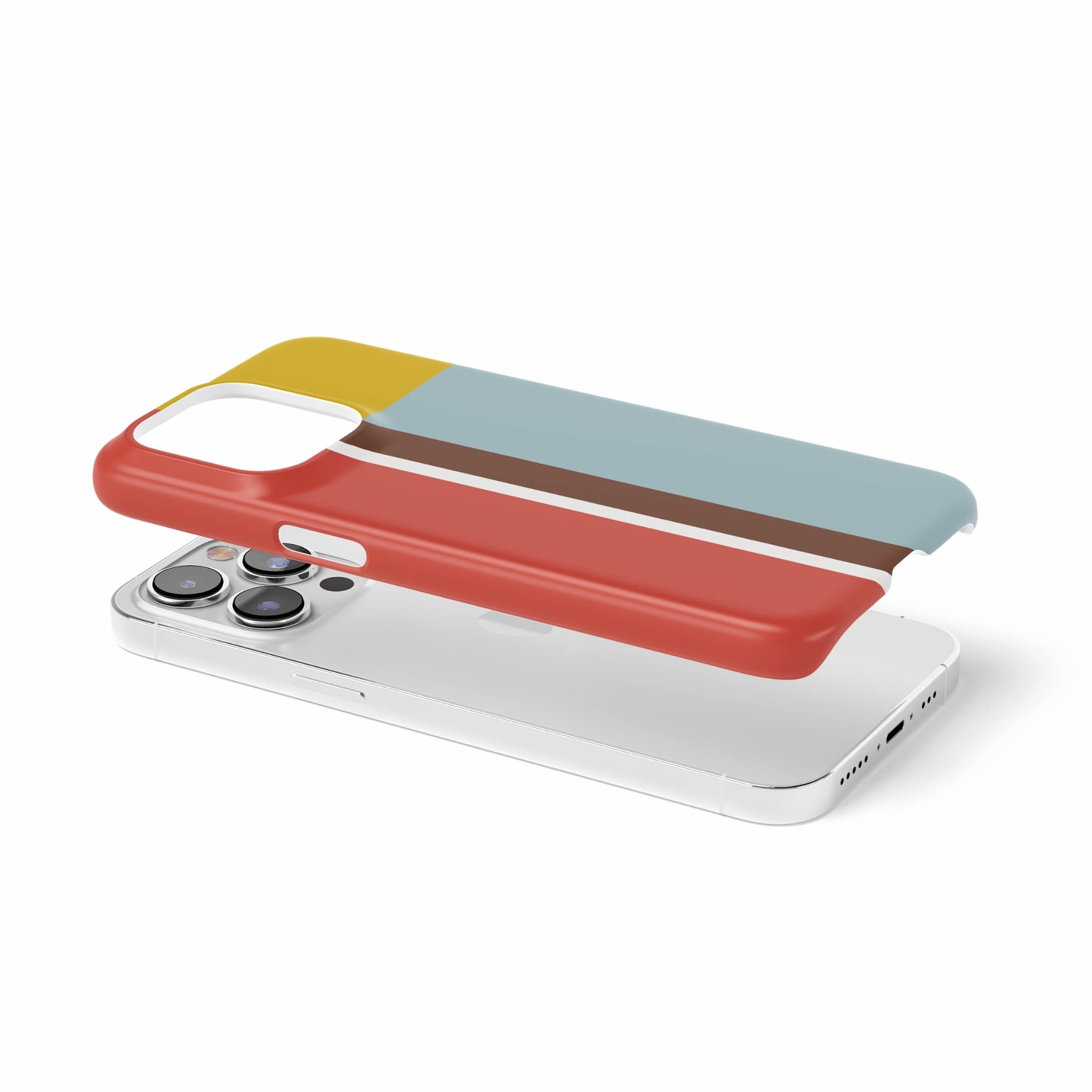 Ultra thin snap phone case Retro Stripes 2 pattern design with a bold color blocks in vintage, mid century modern style, featuring an elegant and expressive aesthetic design. Main colors are yellow, muted red and light blue. Extend view.