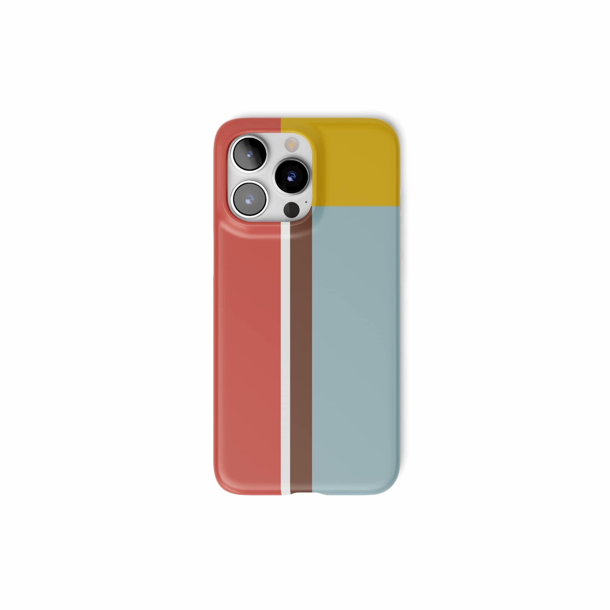 Ultra thin snap phone case Retro Stripes 2 pattern design with a bold color blocks in vintage, mid century modern style, featuring an elegant and expressive aesthetic design. Main colors are yellow, muted red and light blue. Front view.