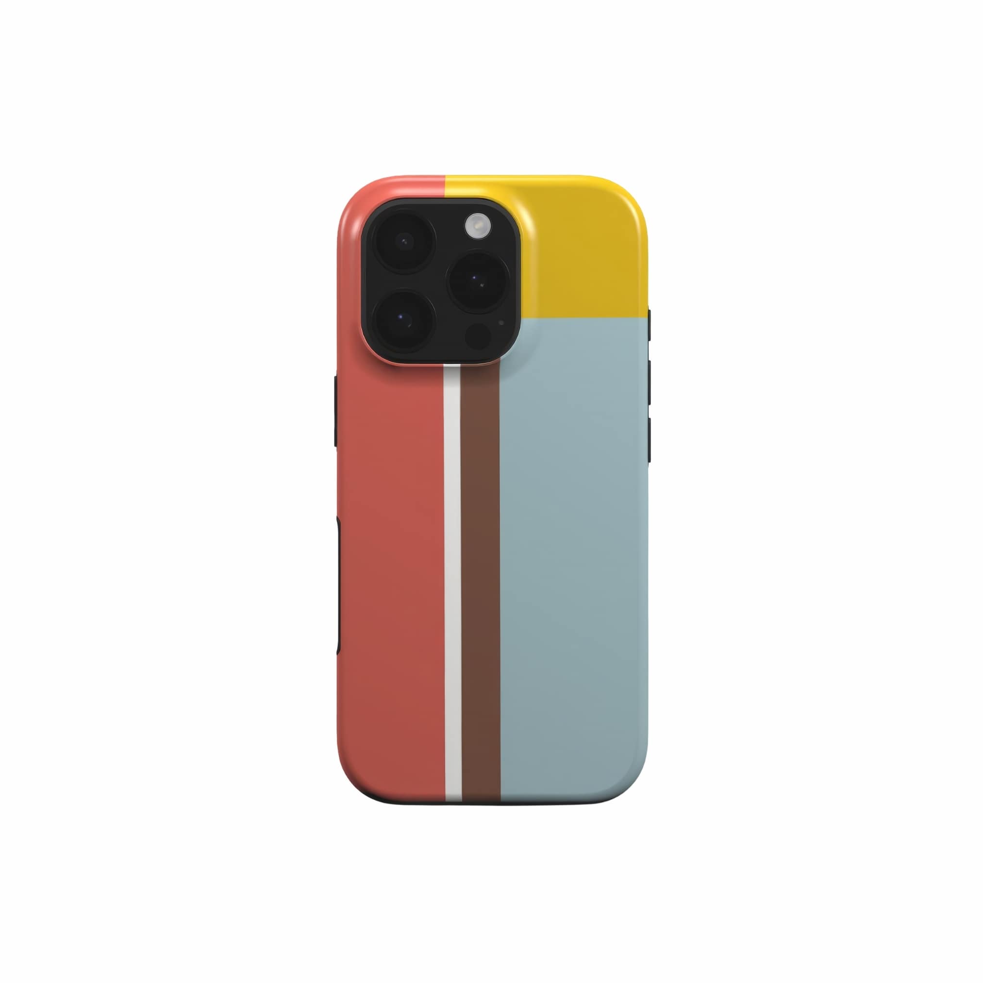 Tough phone case Retro Stripes 2 pattern design with a bold color blocks in vintage, mid century modern style, featuring an elegant and expressive aesthetic design. Main colors are yellow, muted red and light blue. Front view.