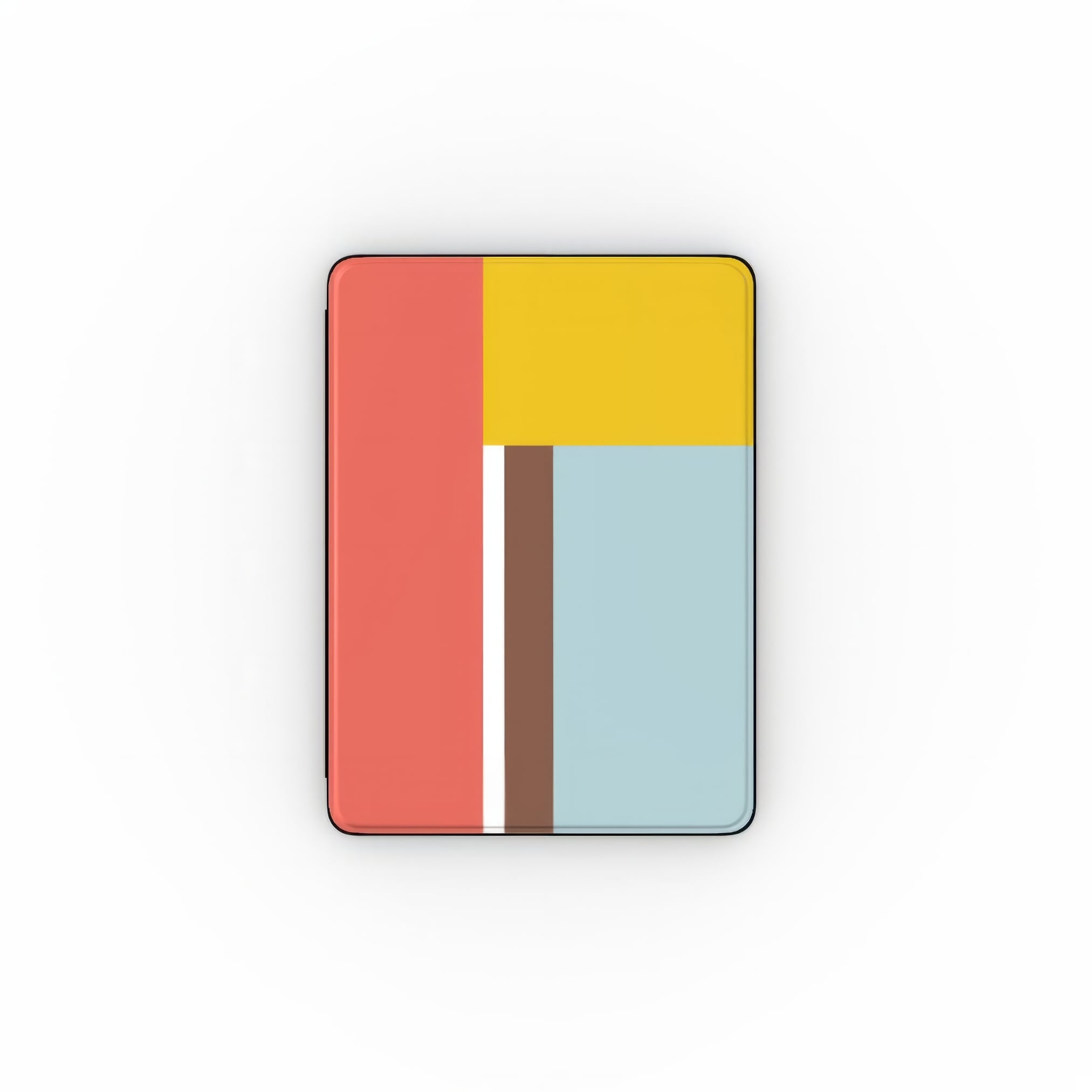 iPad case Retro Stripes 2 pattern design with a bold color blocks in vintage, mid century modern style, featuring an elegant and expressive aesthetic design. Main colors are yellow, muted red and light blue. Front view.