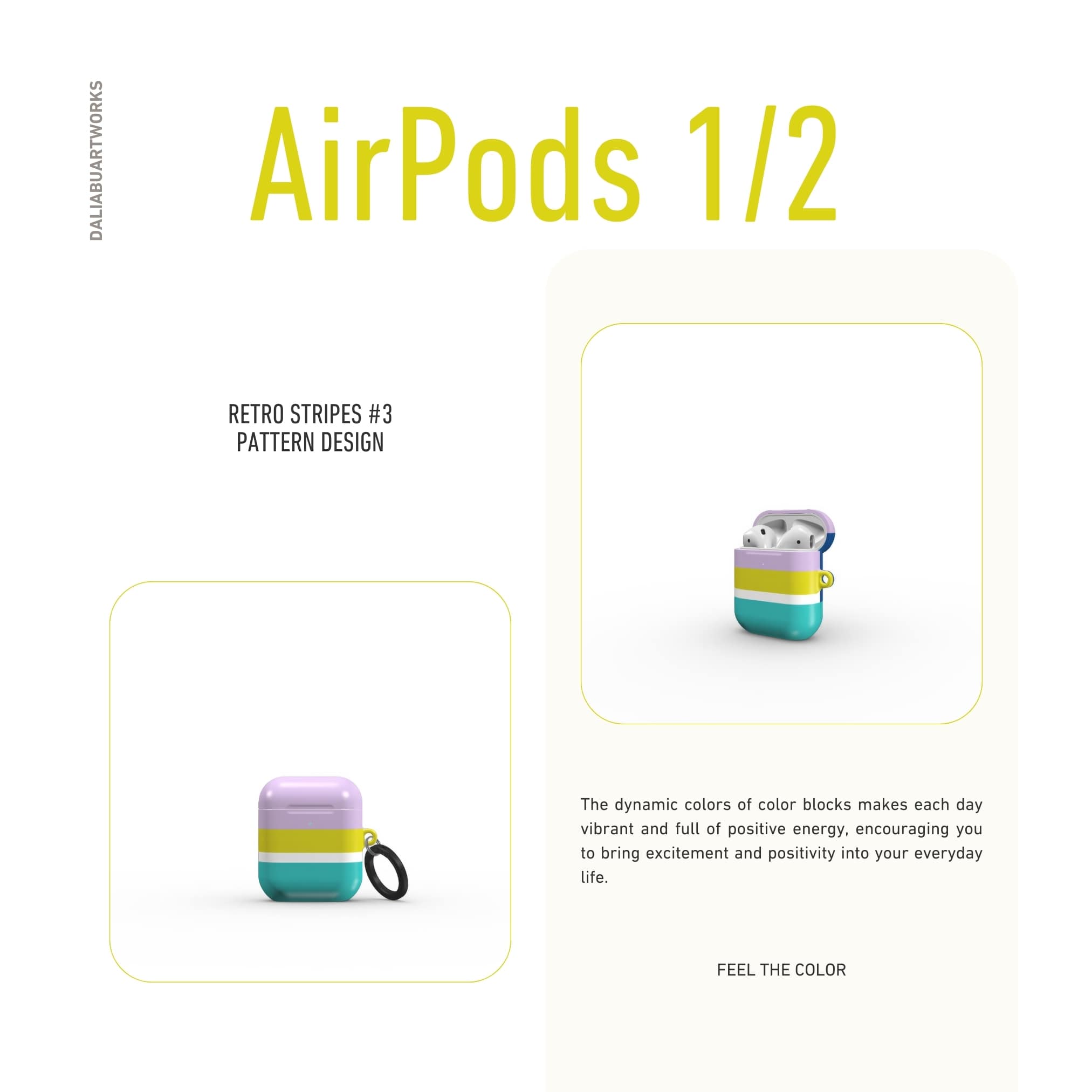 AirPods 1 and 2 tough shell case Retro Stripes 3 pattern design with a bold color blocks in vintage, mid century modern style, featuring an elegant and expressive aesthetic design. Main colors are navy blue, teal green, lilac and yellow. Front view.