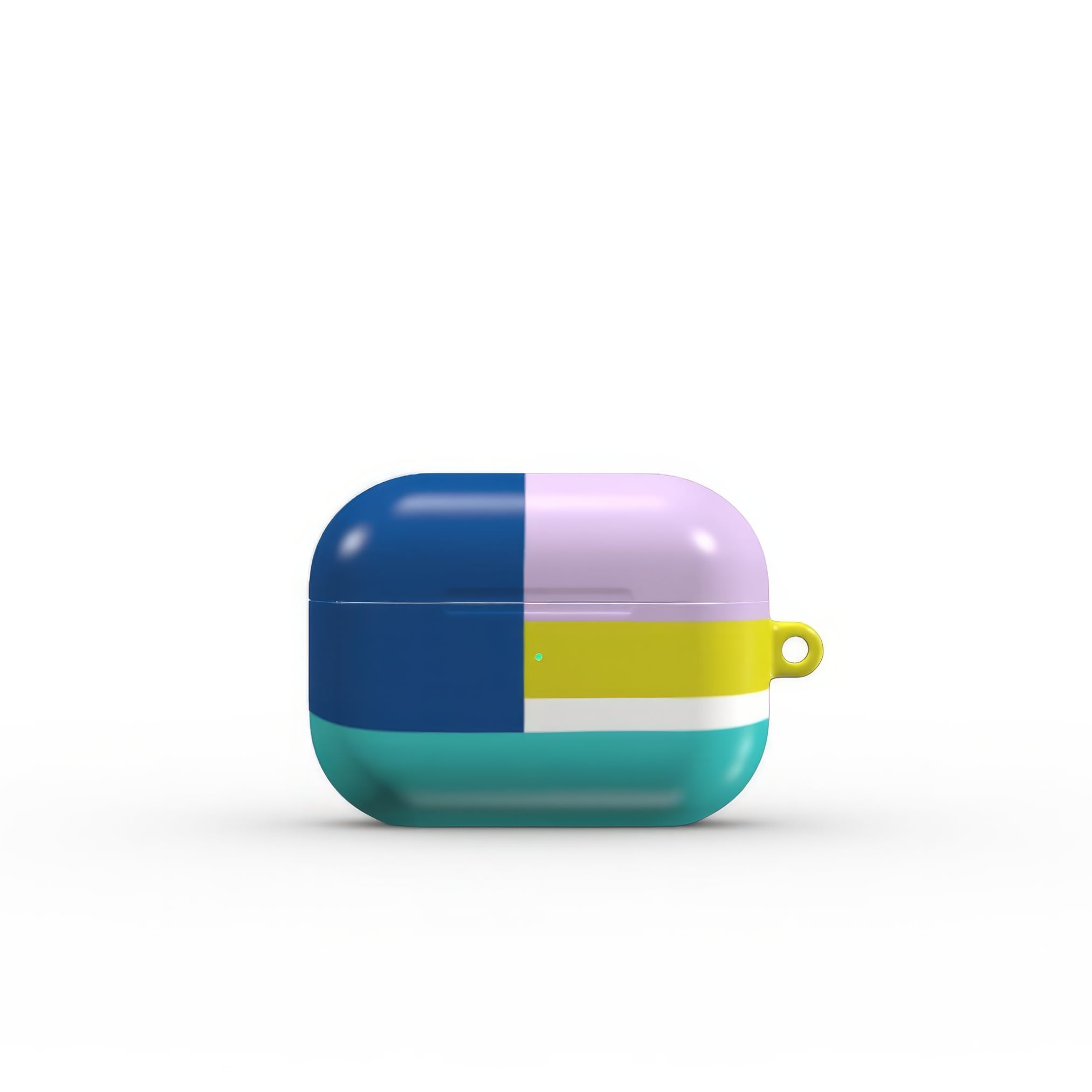 AirPods Pro tough shell case Retro Stripes 3 pattern design with a bold color blocks in vintage, mid century modern style, featuring an elegant and expressive aesthetic design. Main colors are navy blue, teal green, lilac and yellow. Front view.