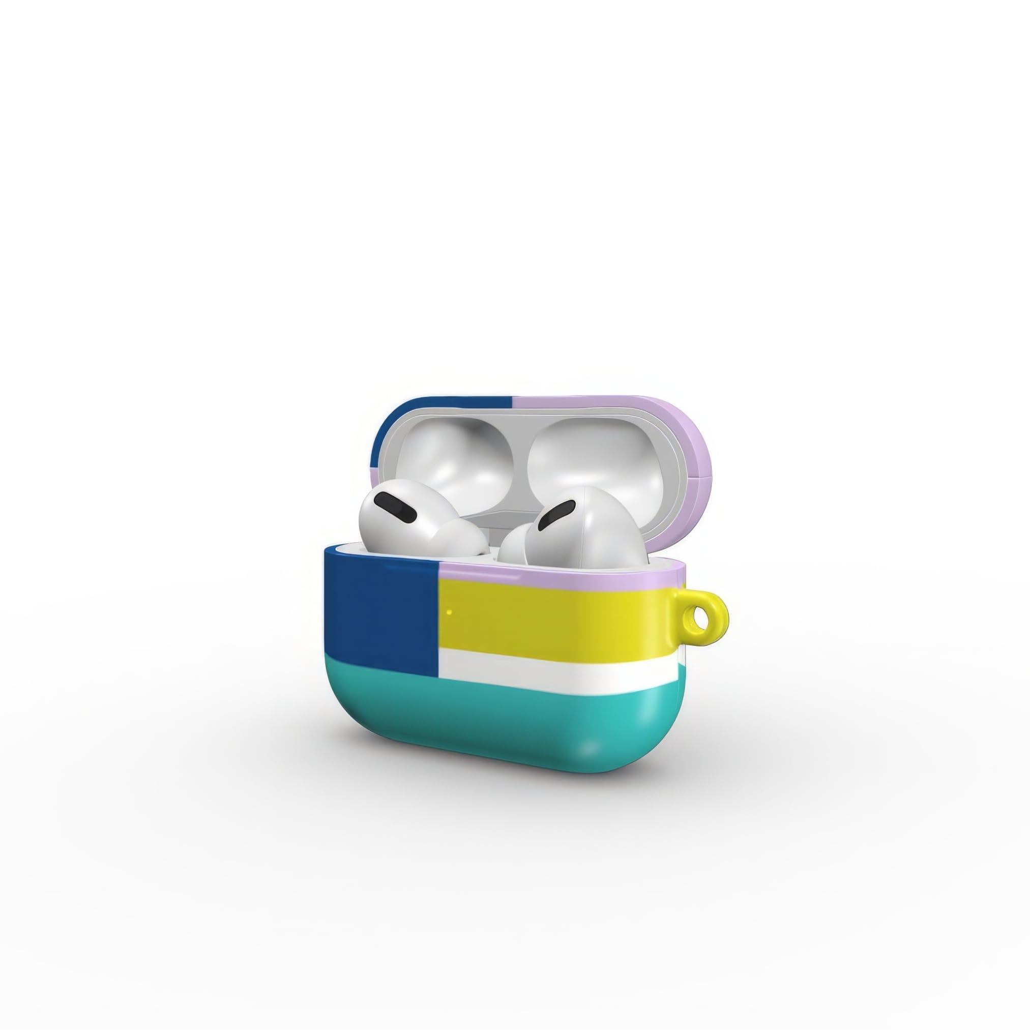 AirPods Pro tough shell case Retro Stripes 3 pattern design with a bold color blocks in vintage, mid century modern style, featuring an elegant and expressive aesthetic design. Main colors are navy blue, teal green, lilac and yellow. Open side view.