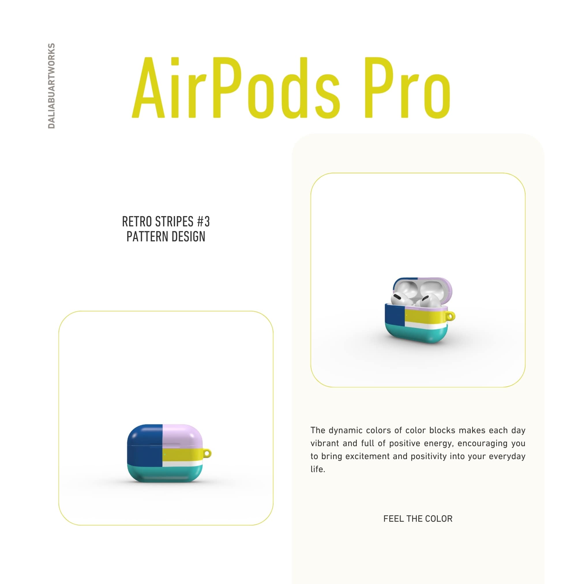 AirPods Pro tough shell case Retro Stripes 3 pattern design with a bold color blocks in vintage, mid century modern style, featuring an elegant and expressive aesthetic design. Main colors are navy blue, teal green, lilac and yellow. Front view.