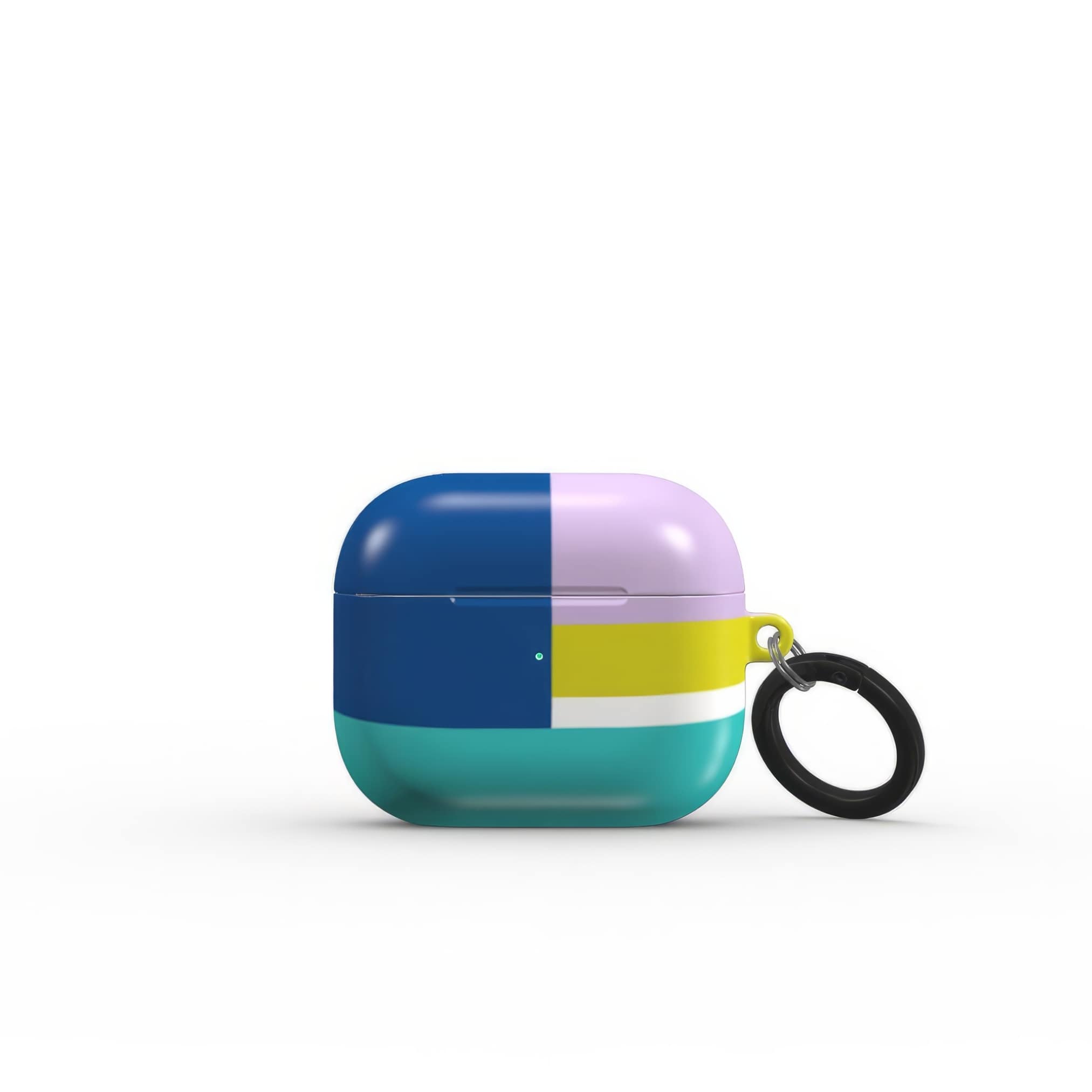 AirPods 3 tough shell case Retro Stripes 3 pattern design with a bold color blocks in vintage, mid century modern style, featuring an elegant and expressive aesthetic design. Main colors are navy blue, teal green, lilac and yellow. Front view.