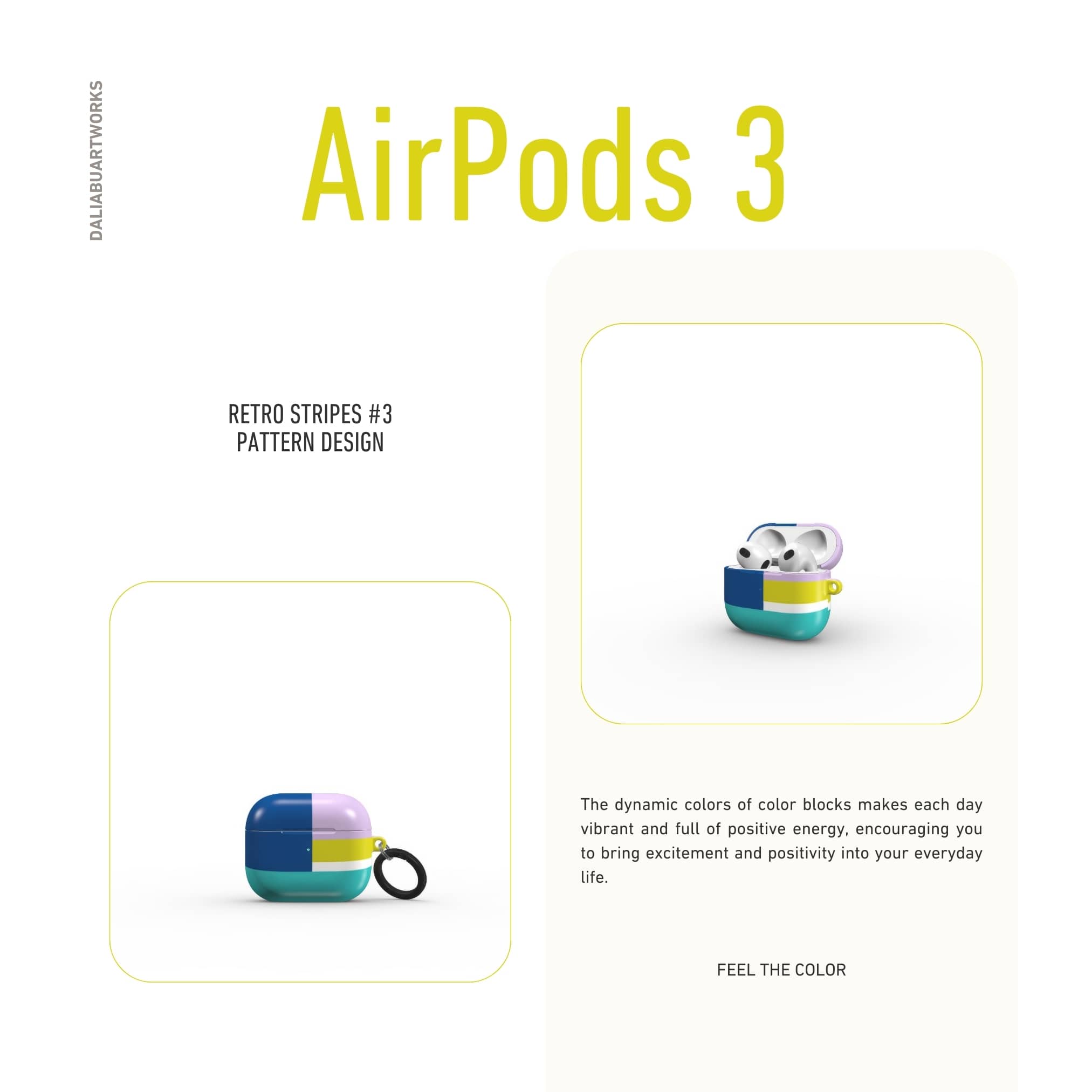 AirPods 3 tough shell case Retro Stripes 3 pattern design with a bold color blocks in vintage, mid century modern style, featuring an elegant and expressive aesthetic design. Main colors are navy blue, teal green, lilac and yellow. Front view.