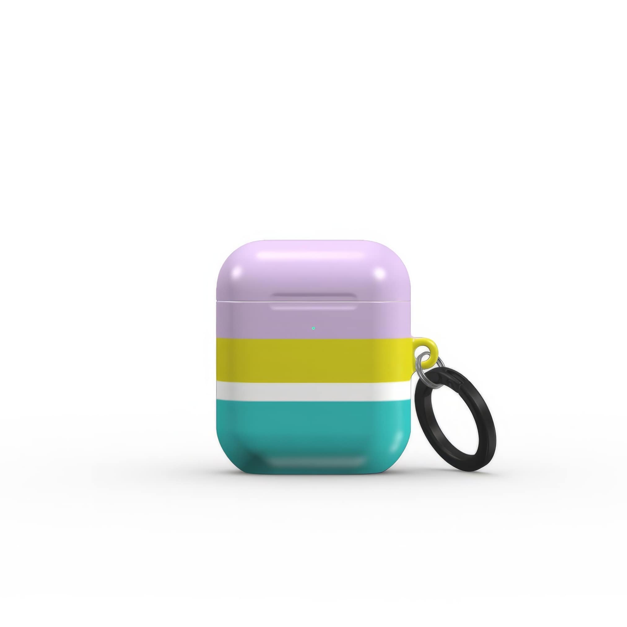 AirPods 1 and 2 tough shell case Retro Stripes 3 pattern design with a bold color blocks in vintage, mid century modern style, featuring an elegant and expressive aesthetic design. Main colors are navy blue, teal green, lilac and yellow. Front view.