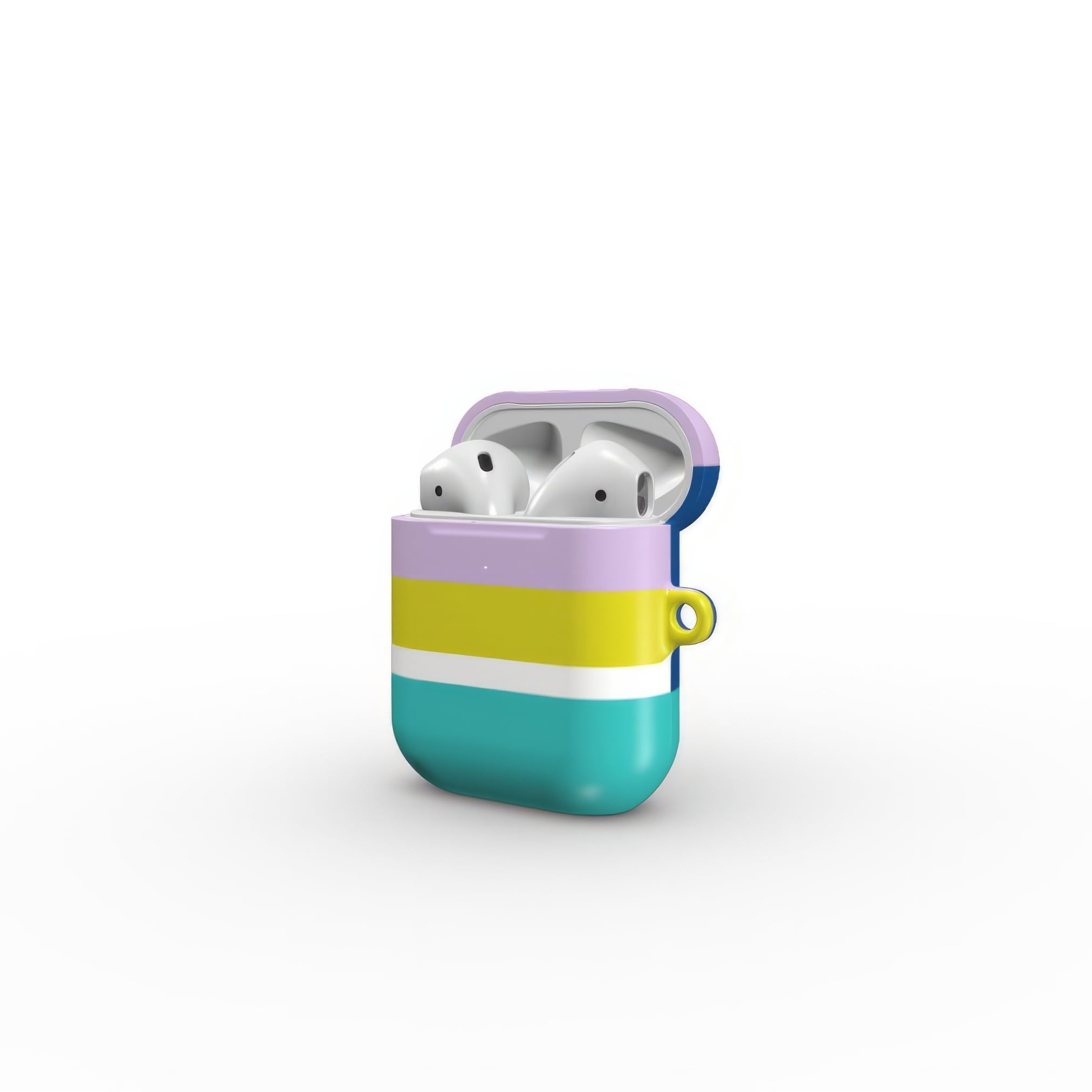 AirPods 1 and 2 tough shell case Retro Stripes 3 pattern design with a bold color blocks in vintage, mid century modern style, featuring an elegant and expressive aesthetic design. Main colors are navy blue, teal green, lilac and yellow. Open side view.