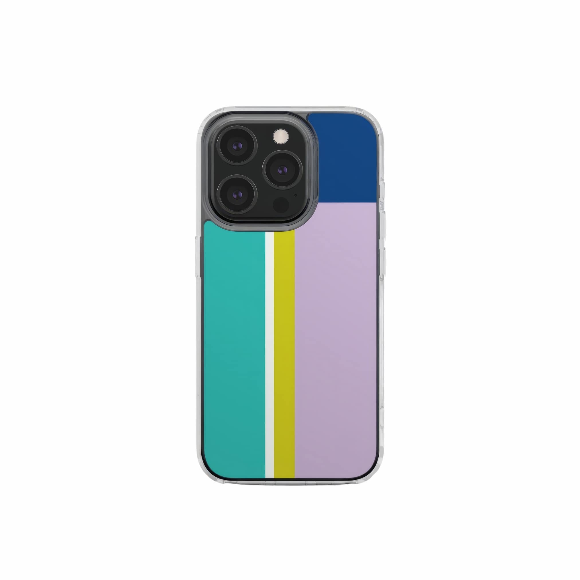 Clear phone case Retro Stripes 3 pattern design with a bold color blocks in vintage, mid century modern style, featuring an elegant and expressive aesthetic design. Main colors are navy blue, teal green, lilac and yellow. Front view.