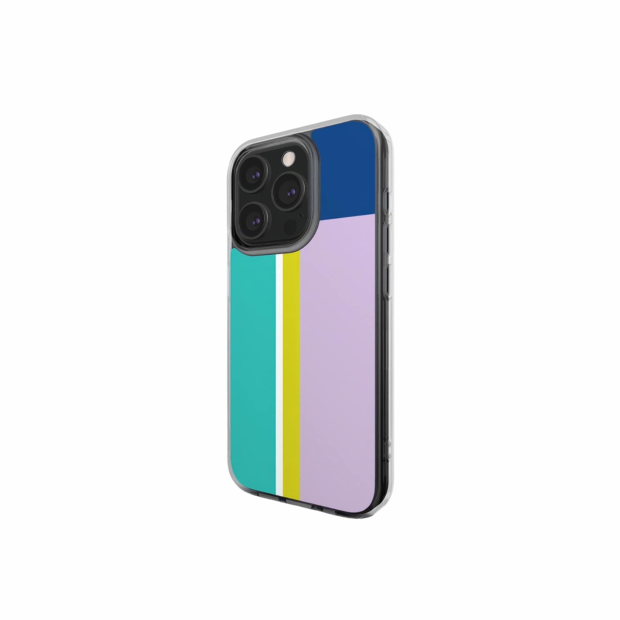 Clear phone case Retro Stripes 3 pattern design with a bold color blocks in vintage, mid century modern style, featuring an elegant and expressive aesthetic design. Main colors are navy blue, teal green, lilac and yellow. Side view.