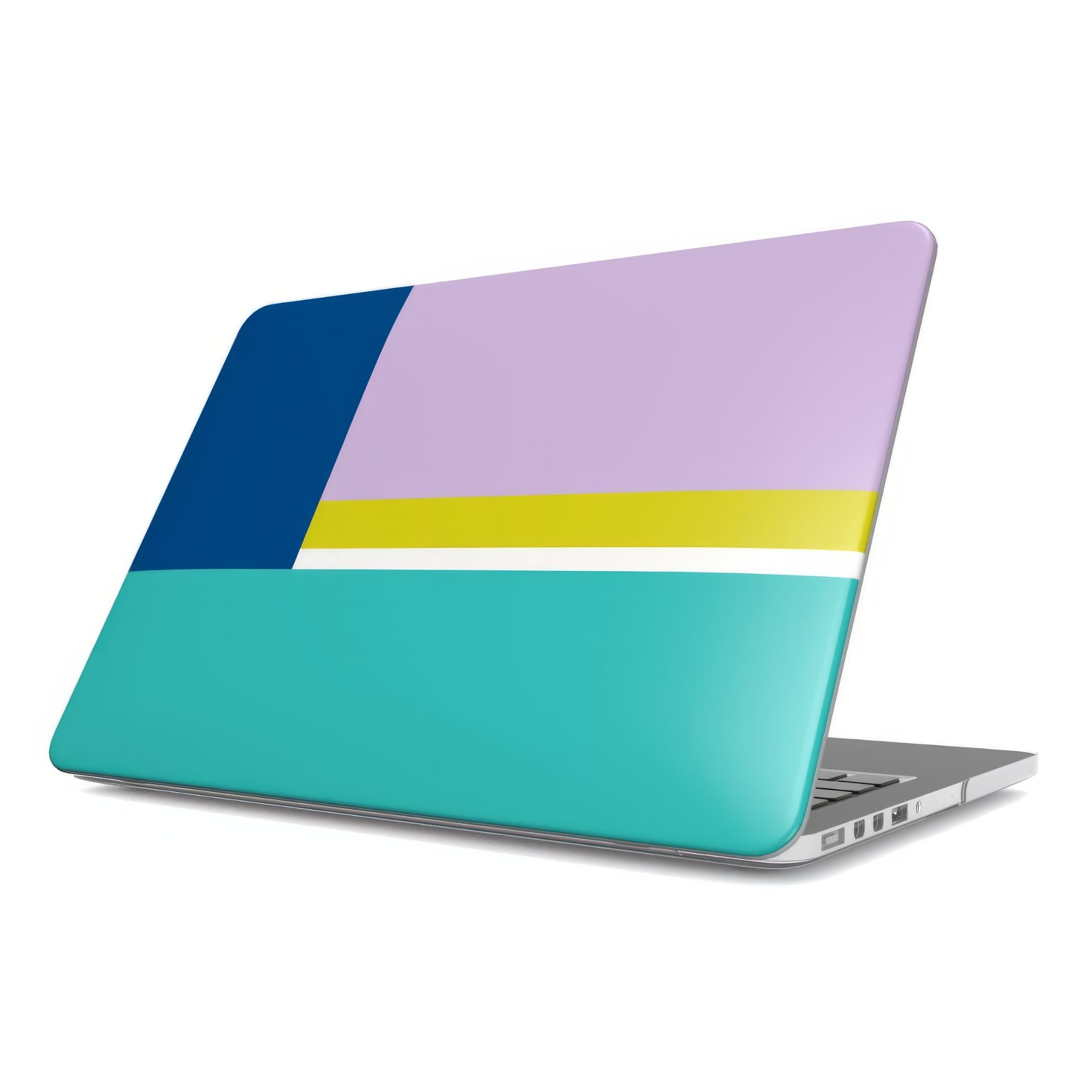 MacBook case Retro Stripes 3 pattern design with a bold color blocks in vintage, mid century modern style, featuring an elegant and expressive aesthetic design. Main colors are navy blue, teal green, lilac and yellow. Extend view. Side front view.