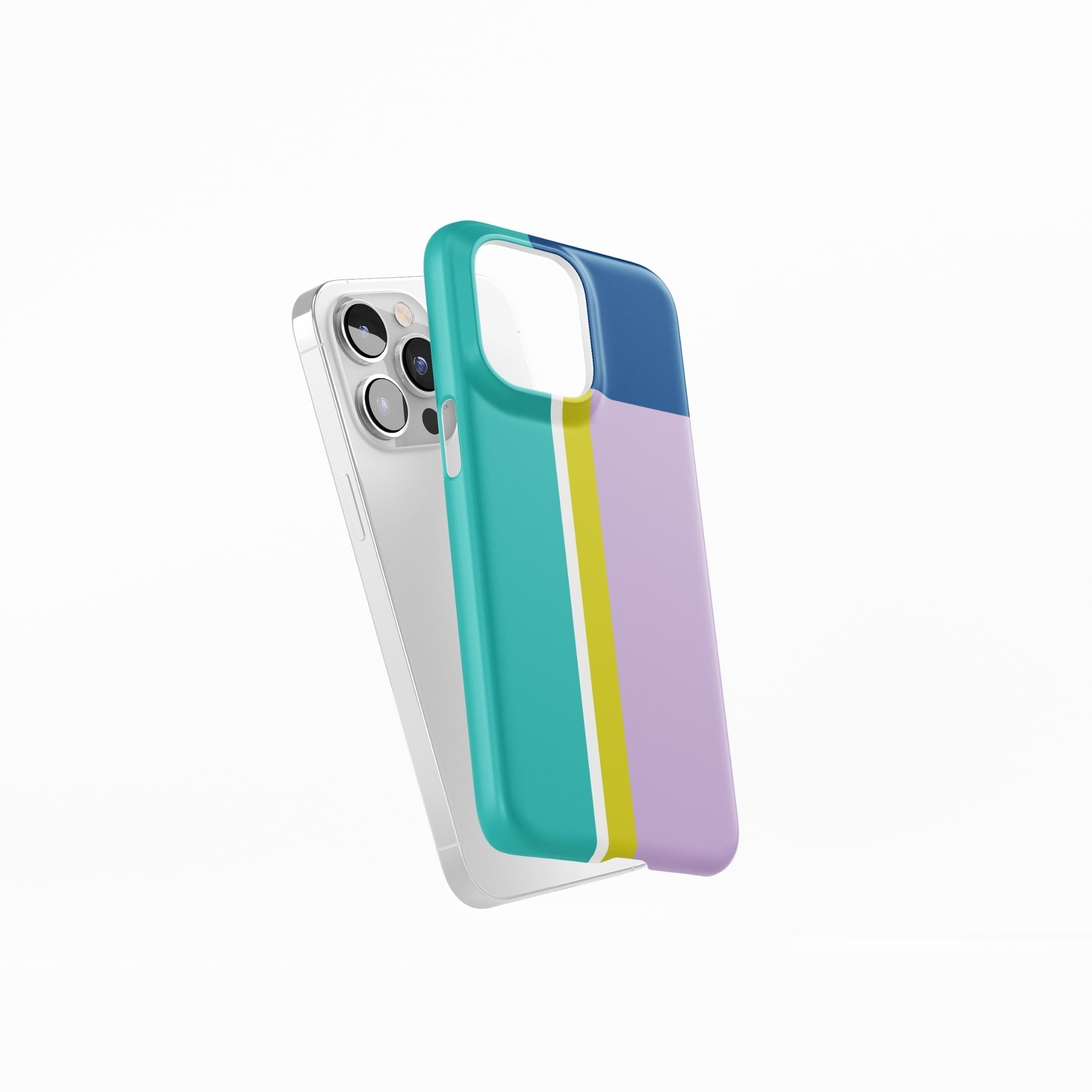 Ultra thin snap phone case Retro Stripes 3 pattern design with a bold color blocks in vintage, mid century modern style, featuring an elegant and expressive aesthetic design. Main colors are navy blue, teal green, lilac and yellow. Side view.