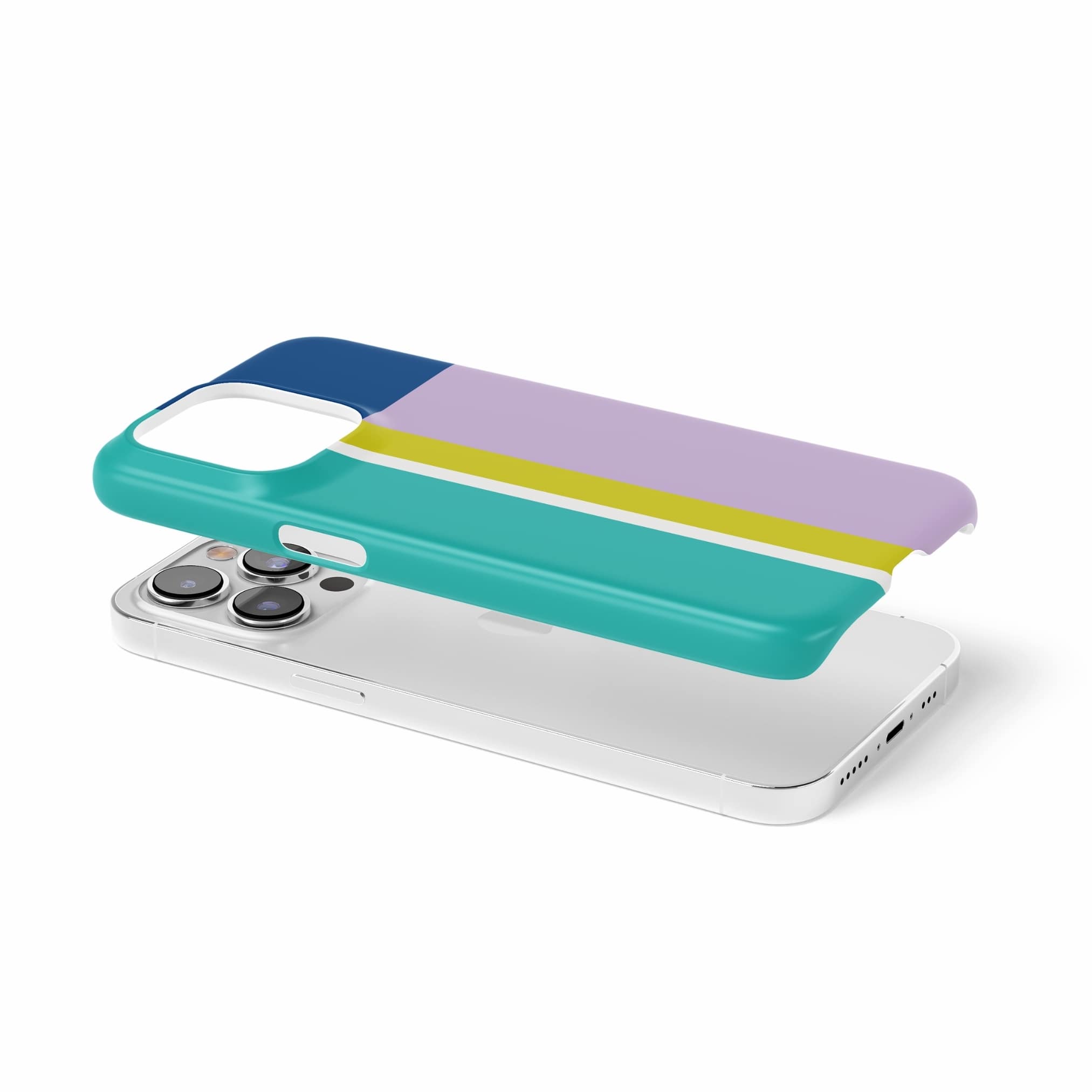 Ultra thin snap phone case Retro Stripes 3 pattern design with a bold color blocks in vintage, mid century modern style, featuring an elegant and expressive aesthetic design. Main colors are navy blue, teal green, lilac and yellow. Extend view.