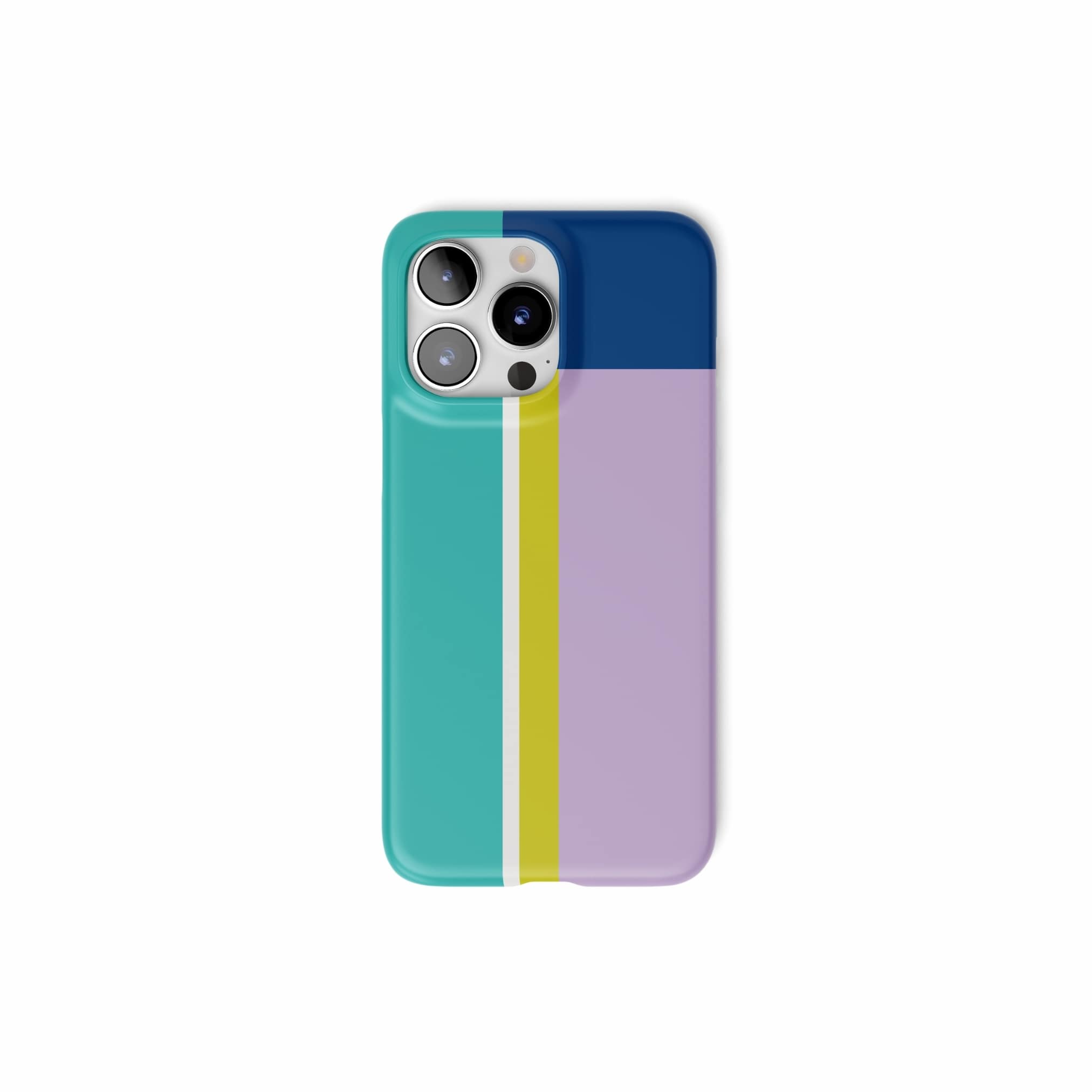 Ultra thin snap phone case Retro Stripes 3 pattern design with a bold color blocks in vintage, mid century modern style, featuring an elegant and expressive aesthetic design. Main colors are navy blue, teal green, lilac and yellow. Front view.