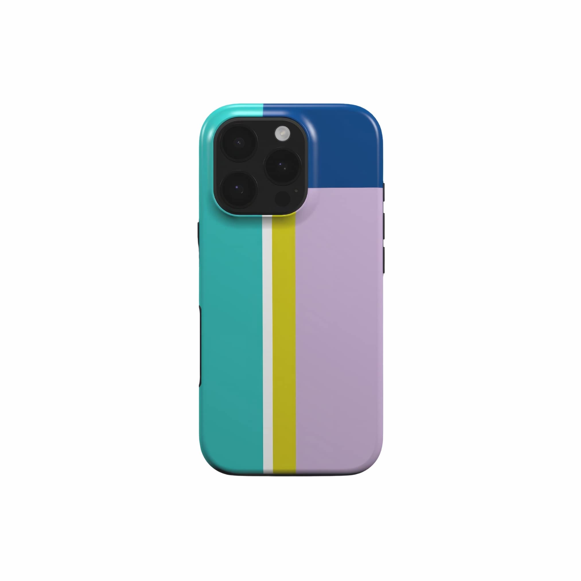 Phone tough case Retro Stripes 3 pattern design with a bold color blocks in vintage, mid century modern style, featuring an elegant and expressive aesthetic design. Main colors are navy blue, teal green, lilac and yellow. Front view.