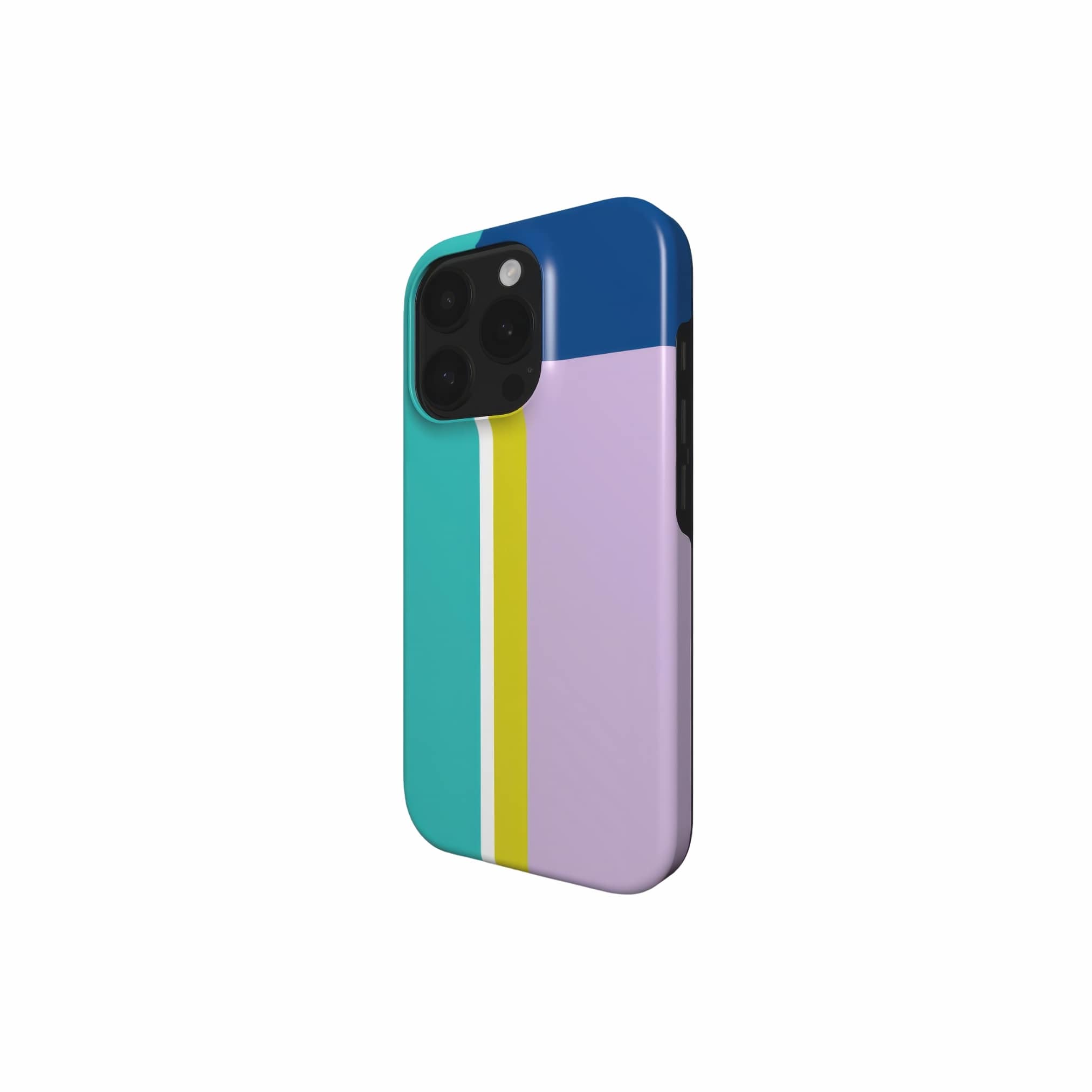 Phone tough case Retro Stripes 3 pattern design with a bold color blocks in vintage, mid century modern style, featuring an elegant and expressive aesthetic design. Main colors are navy blue, teal green, lilac and yellow. Side view.