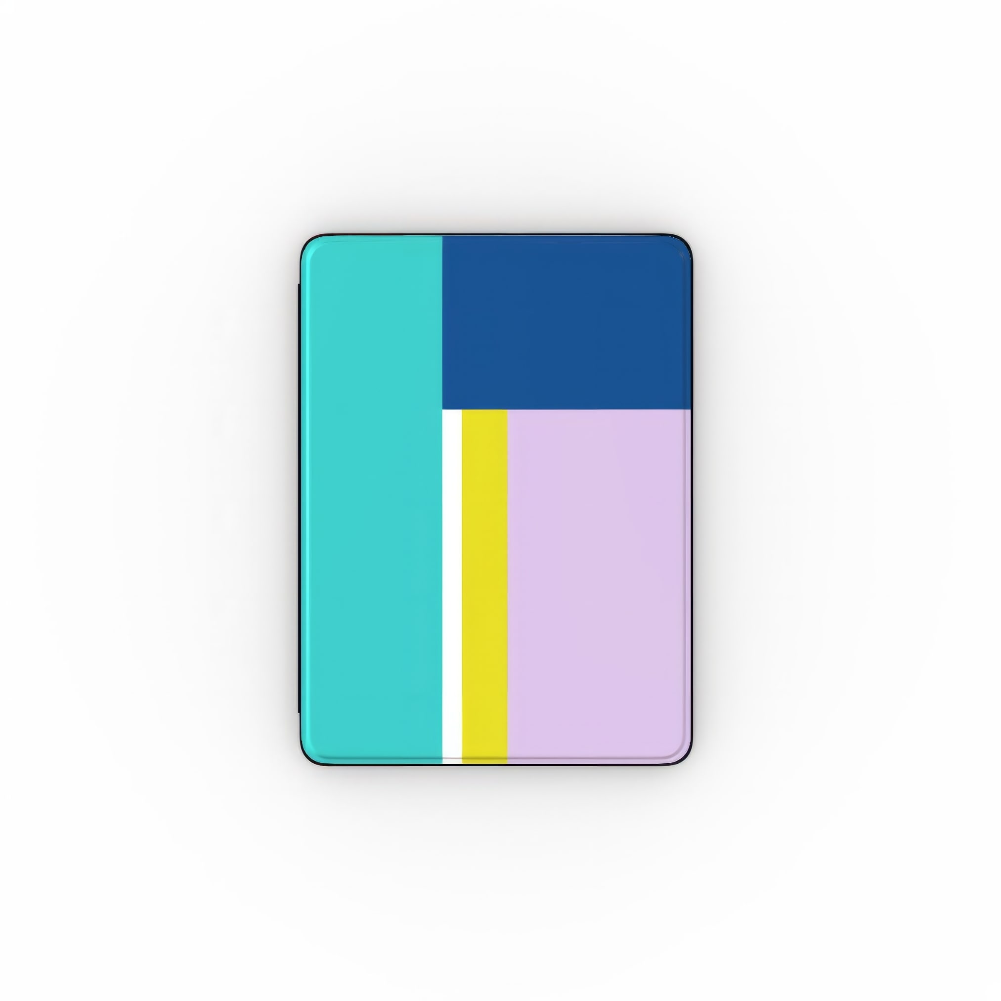 iPad case Retro Stripes 3 pattern design with a bold color blocks in vintage, mid century modern style, featuring an elegant and expressive aesthetic design. Main colors are navy blue, teal green, lilac and yellow. Tablet cover front view.