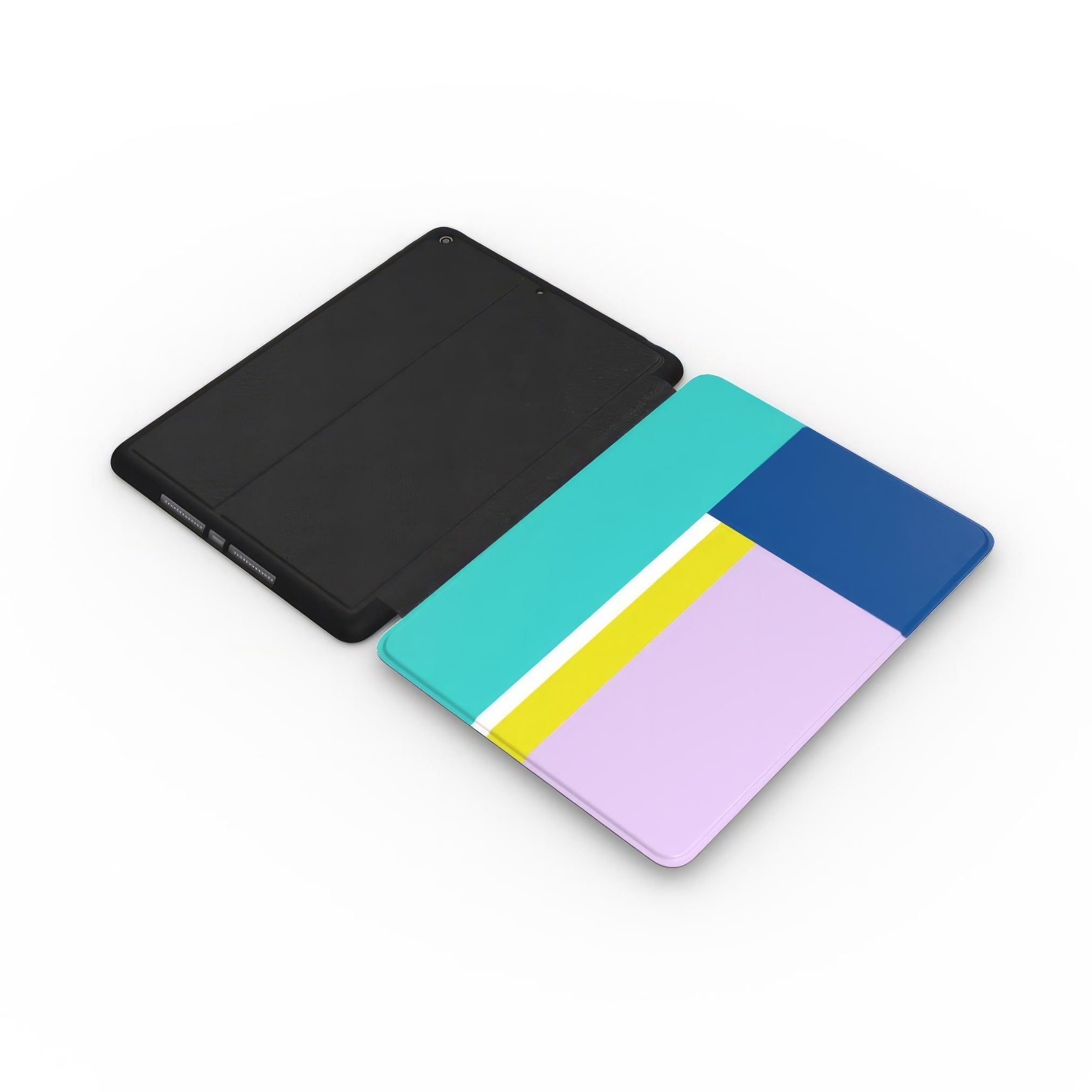 iPad case Retro Stripes 3 pattern design with a bold color blocks in vintage, mid century modern style, featuring an elegant and expressive aesthetic design. Main colors are navy blue, teal green, lilac and yellow. Tablet cover extend view.