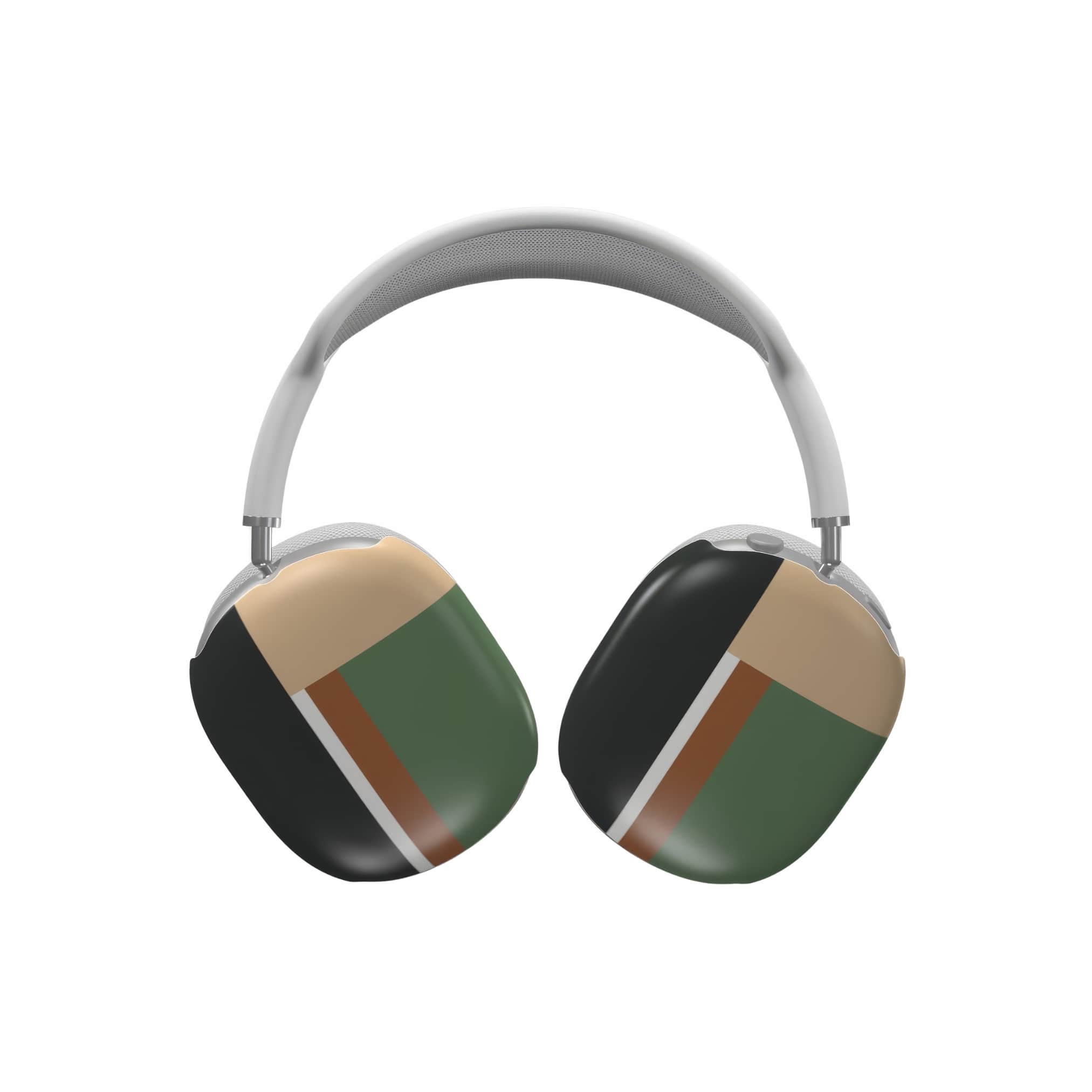 AirPods Max tough case Retro Stripes 4 pattern design with a bold color blocks in vintage, mid century modern style, featuring an elegant and expressive aesthetic design. Main colors are khaki, dark green, brown and cappuccino. Front view.