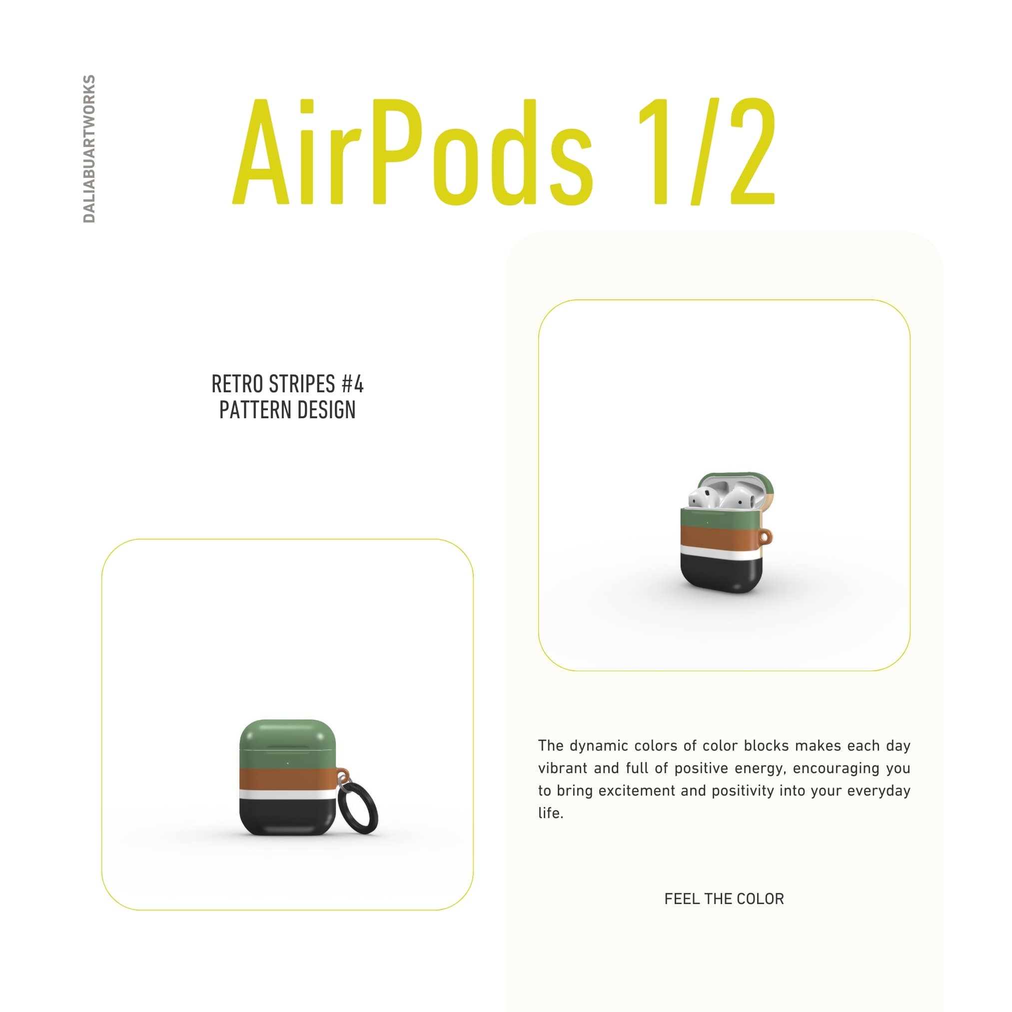 Apple AirPods 1 and 2 tough case Retro Stripes 4 pattern design with a bold color blocks in vintage, mid century modern style, featuring an elegant and expressive aesthetic design. Main colors are khaki, dark green, brown and cappuccino. Front view.