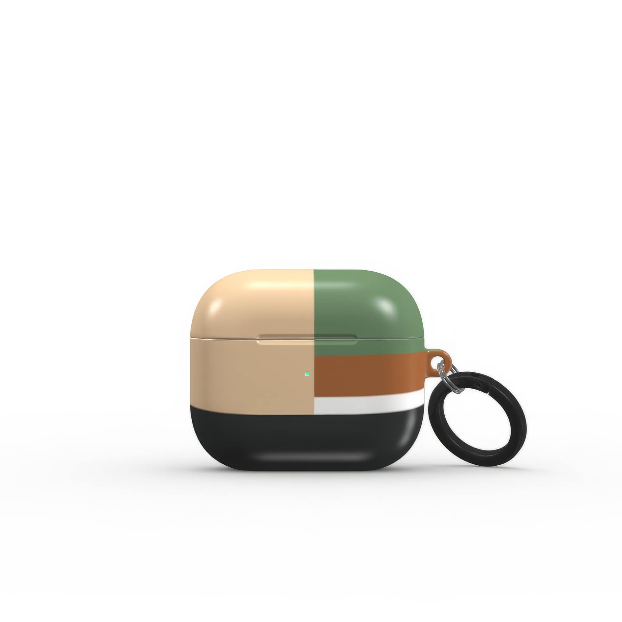 Apple AirPods 3 tough case Retro Stripes 4 pattern design with a bold color blocks in vintage, mid century modern style, featuring an elegant and expressive aesthetic design. Main colors are khaki, dark green, brown and cappuccino. Front view.