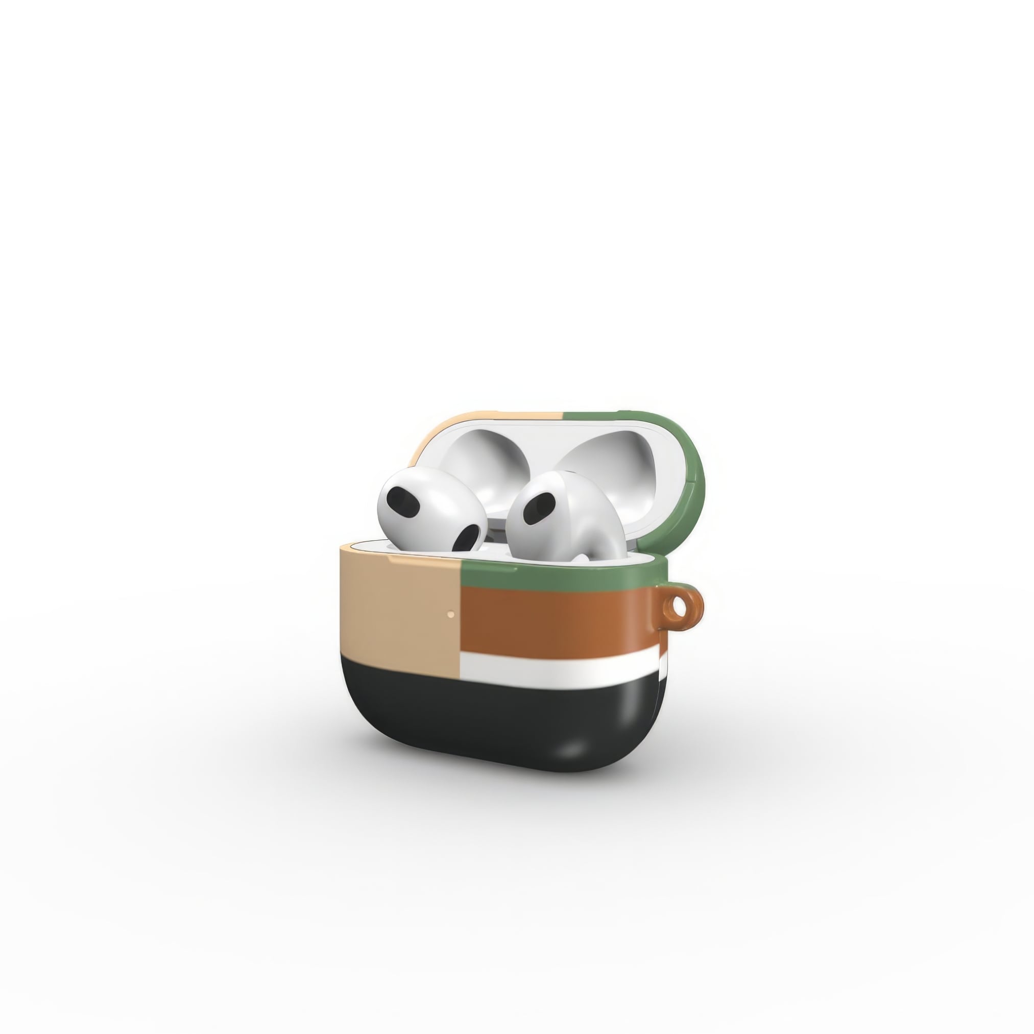 Apple AirPods 3 tough case Retro Stripes 4 pattern design with a bold color blocks in vintage, mid century modern style, featuring an elegant and expressive aesthetic design. Main colors are khaki, dark green, brown and cappuccino. Side open view.