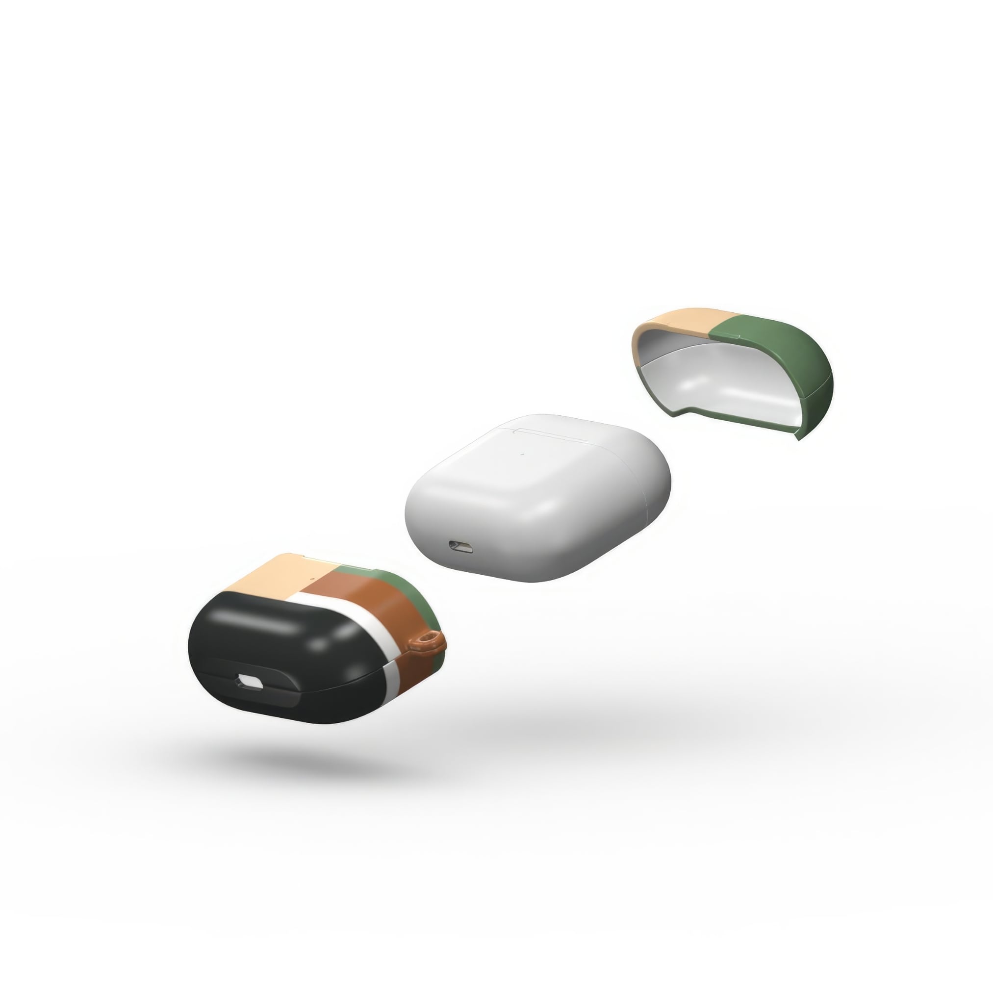 Apple AirPods 3 tough case Retro Stripes 4 pattern design with a bold color blocks in vintage, mid century modern style, featuring an elegant and expressive aesthetic design. Main colors are khaki, dark green, brown and cappuccino. Extend view.