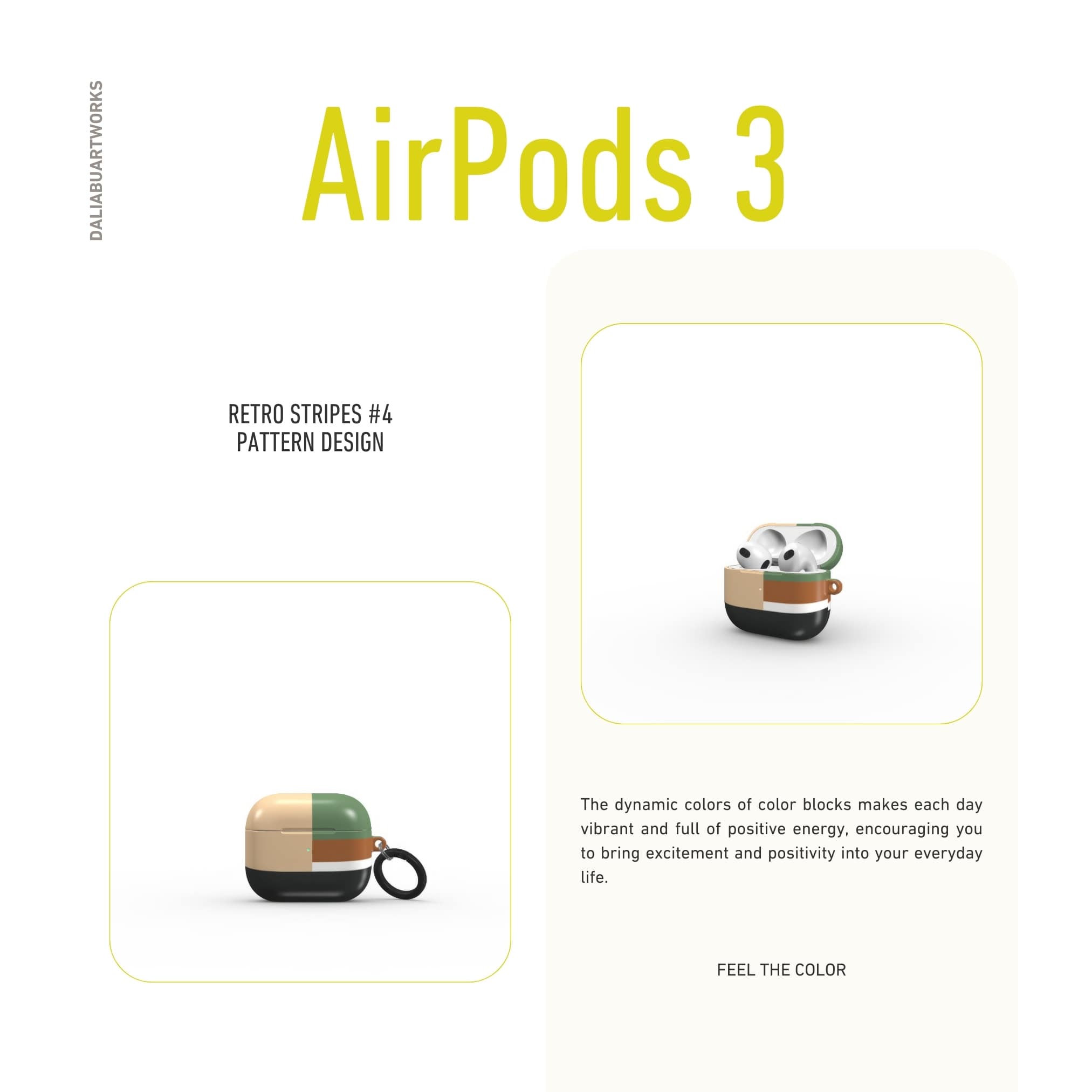 Apple AirPods 3 tough case Retro Stripes 4 pattern design with a bold color blocks in vintage, mid century modern style, featuring an elegant and expressive aesthetic design. Main colors are khaki, dark green, brown and cappuccino. Front view.