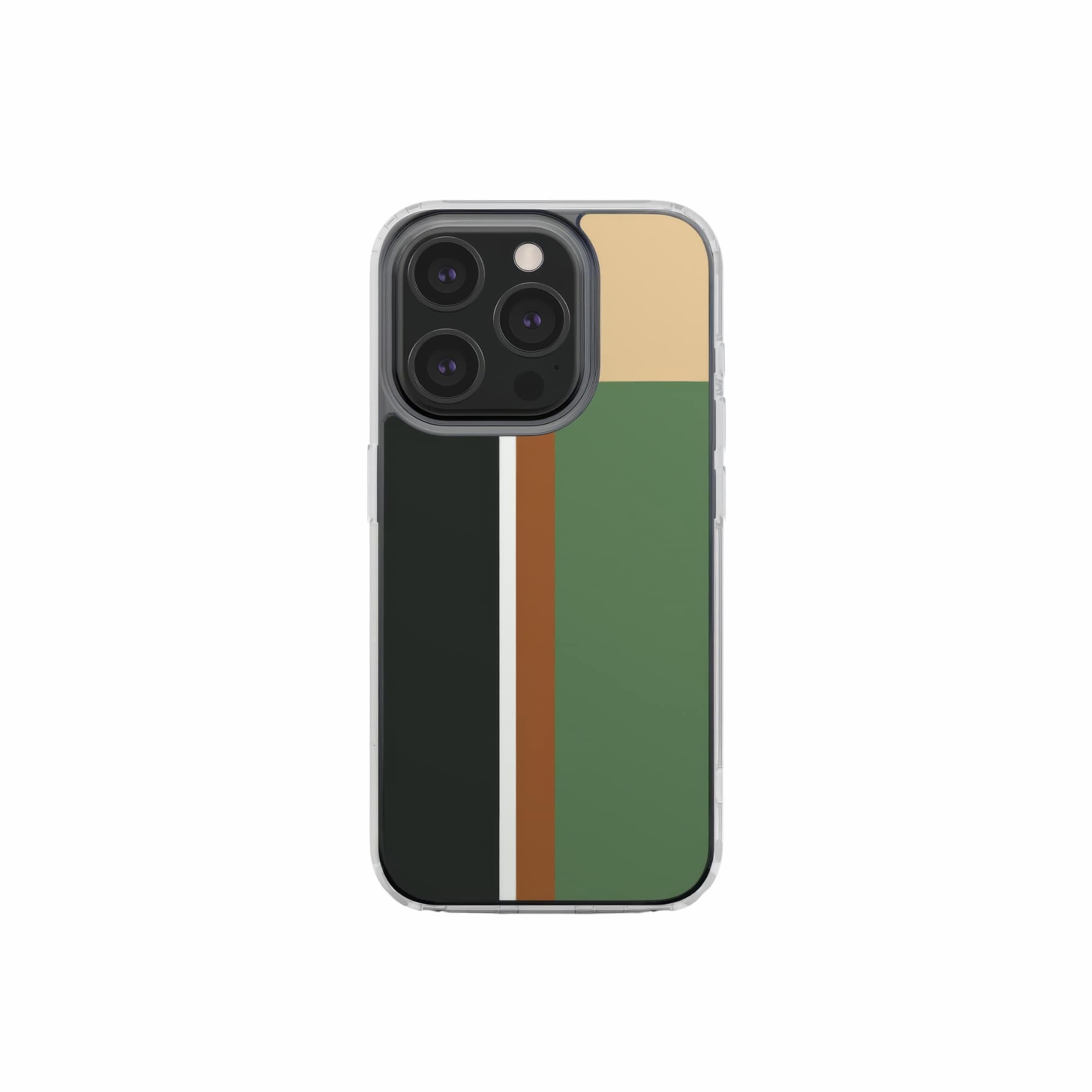 Clear phone case Retro Stripes 4 pattern design with a bold color blocks in vintage, mid century modern style, featuring an elegant and expressive aesthetic design. Main colors are khaki, dark green, brown and cappuccino. Front view.