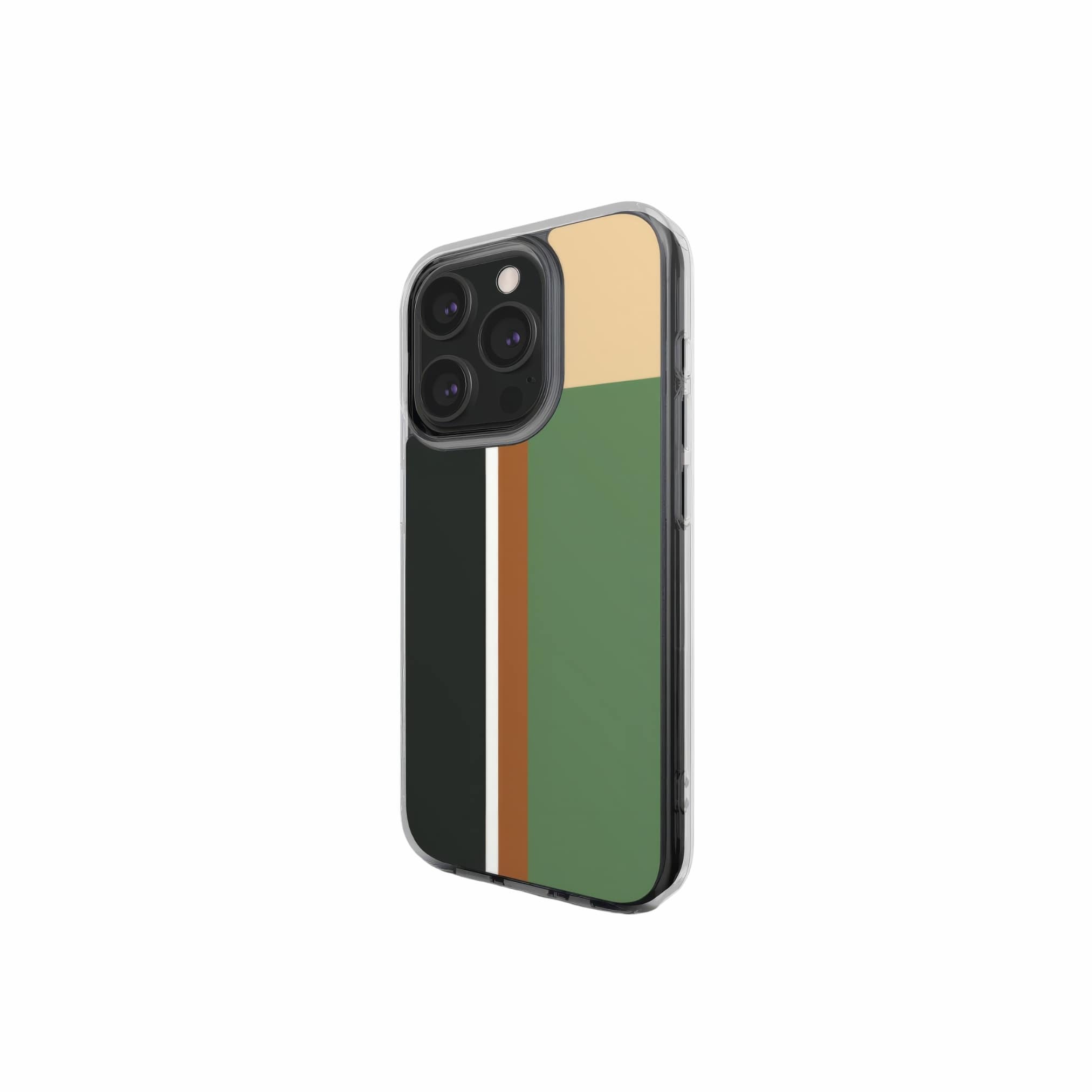 Clear phone case Retro Stripes 4 pattern design with a bold color blocks in vintage, mid century modern style, featuring an elegant and expressive aesthetic design. Main colors are khaki, dark green, brown and cappuccino. Side view.