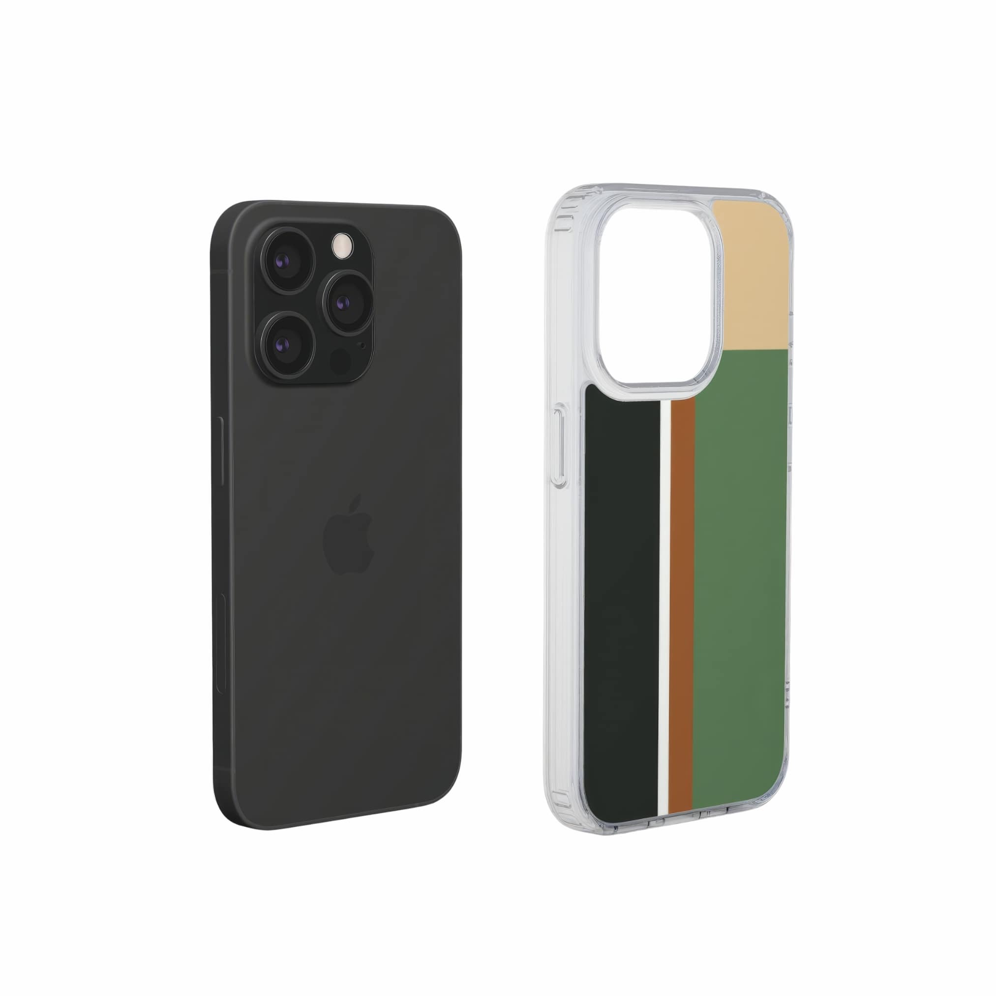 Clear phone case Retro Stripes 4 pattern design with a bold color blocks in vintage, mid century modern style, featuring an elegant and expressive aesthetic design. Main colors are khaki, dark green, brown and cappuccino. Extend view.