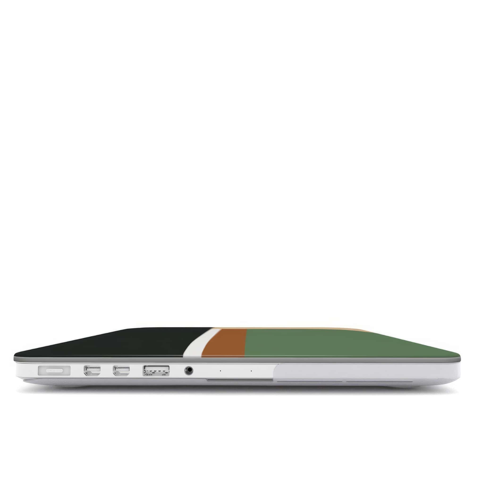 MacBook case Retro Stripes 4 pattern design with a bold color blocks in vintage, mid century modern style, featuring an elegant and expressive aesthetic design. Main colors are khaki, dark green, brown and cappuccino. Closed view.