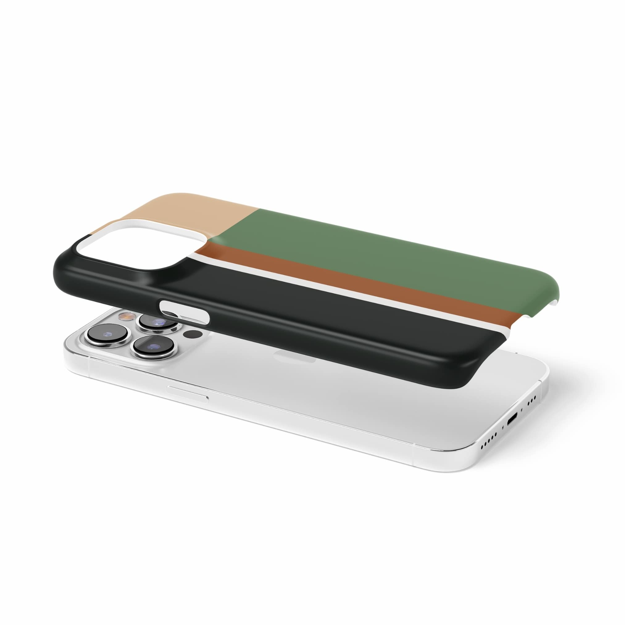 Ultra thin snap phone phone case Retro Stripes 4 pattern design with a bold color blocks in vintage, mid century modern style, featuring an elegant and expressive aesthetic design. Main colors are khaki, dark green, brown and cappuccino. Extend view.