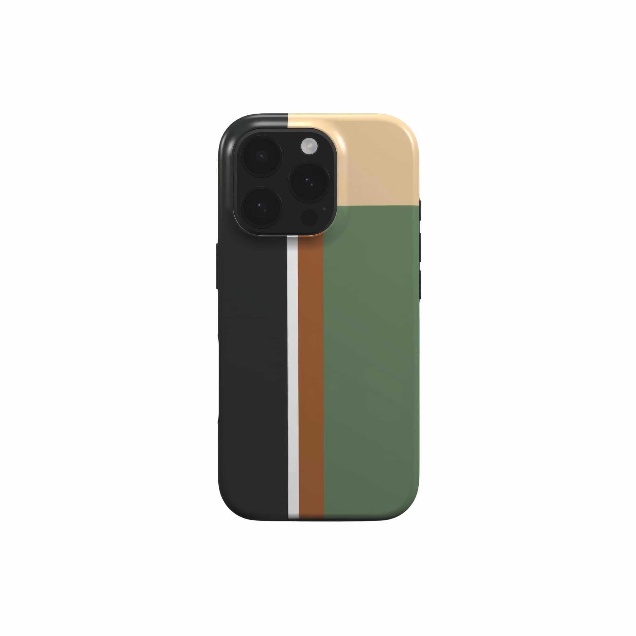 Tough phone case Retro Stripes 4 pattern design with a bold color blocks in vintage, mid century modern style, featuring an elegant and expressive aesthetic design. Main colors are khaki, dark green, brown and cappuccino. Front view.