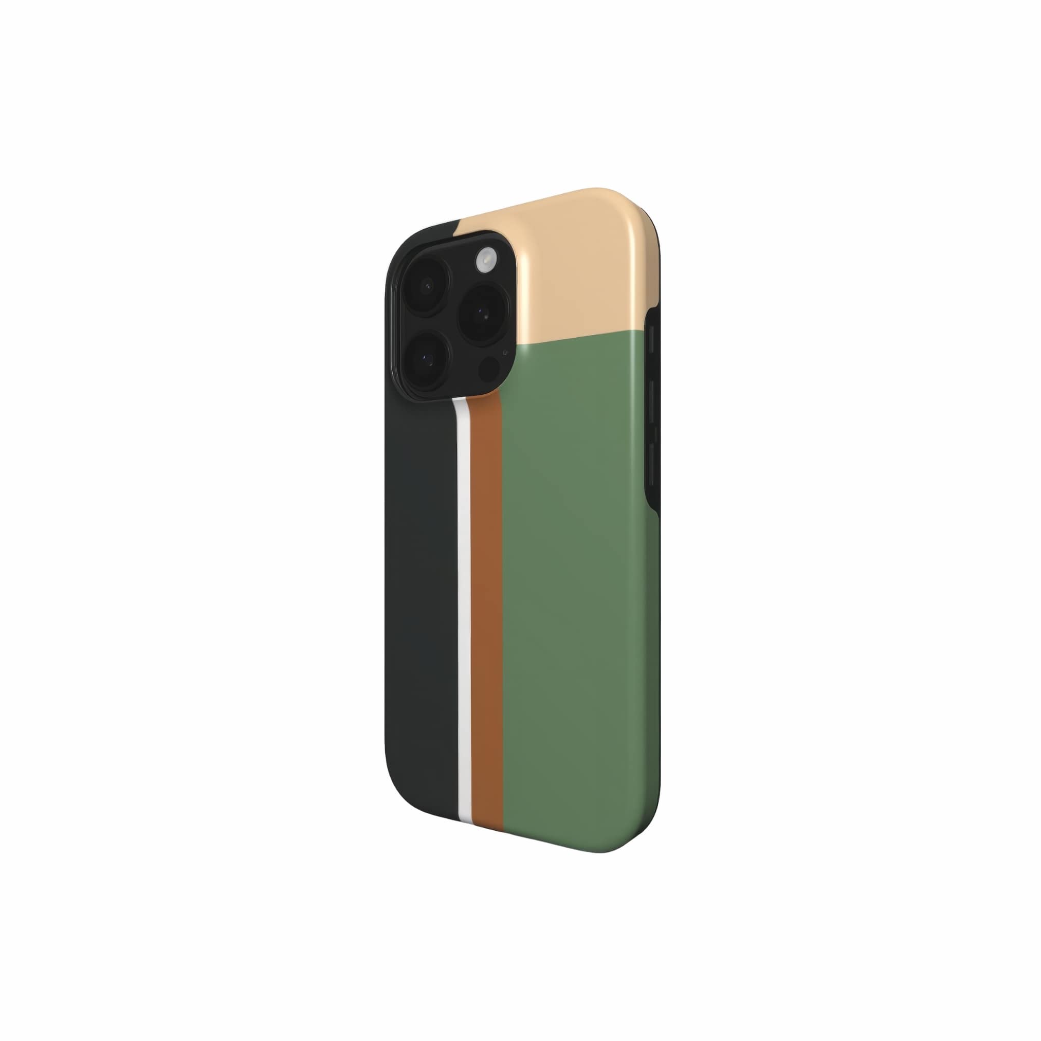 Tough phone case Retro Stripes 4 pattern design with a bold color blocks in vintage, mid century modern style, featuring an elegant and expressive aesthetic design. Main colors are khaki, dark green, brown and cappuccino. Side view.