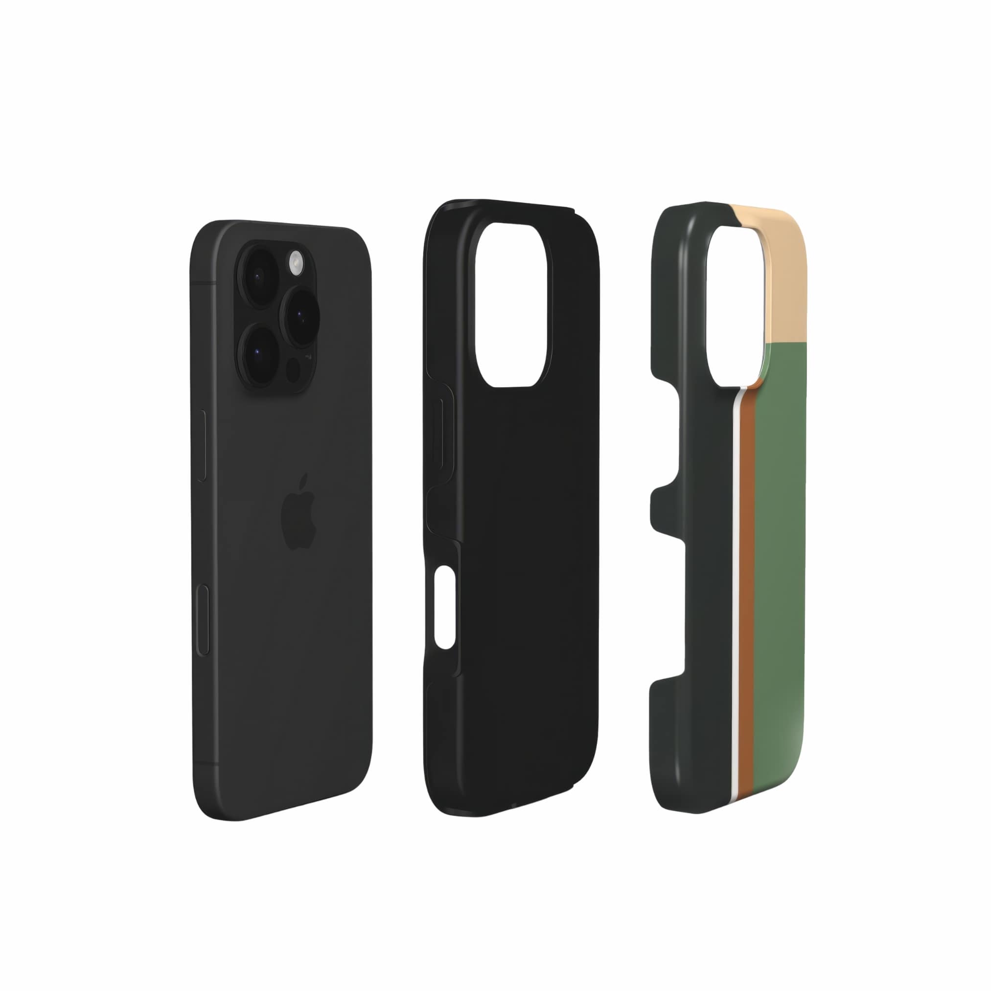 Tough phone case Retro Stripes 4 pattern design with a bold color blocks in vintage, mid century modern style, featuring an elegant and expressive aesthetic design. Main colors are khaki, dark green, brown and cappuccino. Extend view.