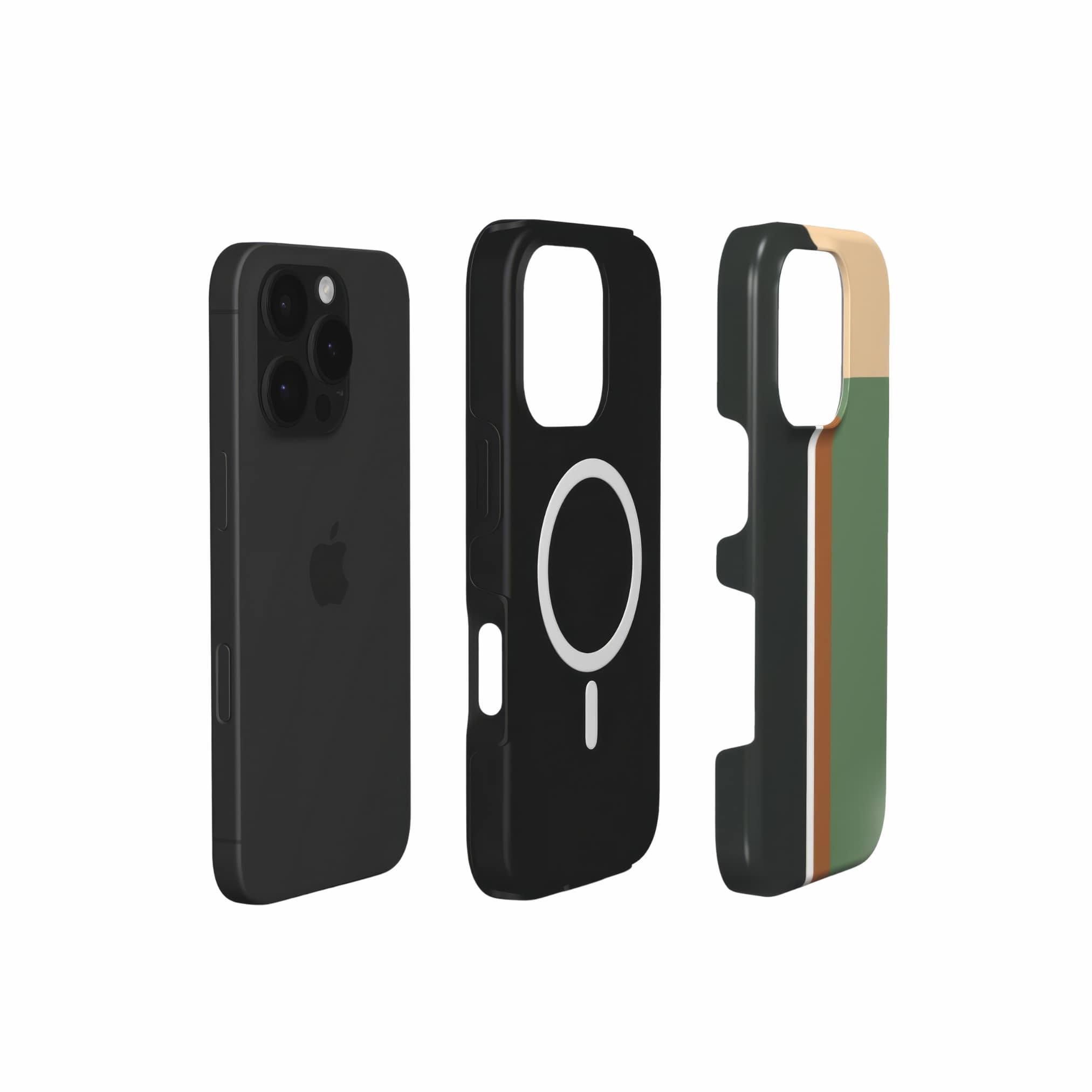 MagSafe tough phone case Retro Stripes 4 pattern design with a bold color blocks in vintage, mid century modern style, featuring an elegant and expressive aesthetic design. Main colors are khaki, dark green, brown and cappuccino. Extend view.