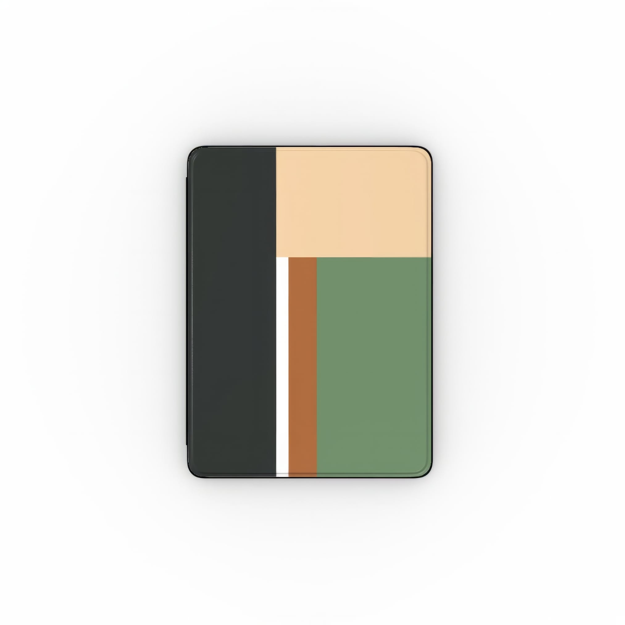 iPad vegan leather case Retro Stripes 4 pattern design with a bold color blocks in vintage, mid century modern style, featuring an elegant and expressive aesthetic design. Main colors are khaki, dark green, brown and cappuccino. Front view.