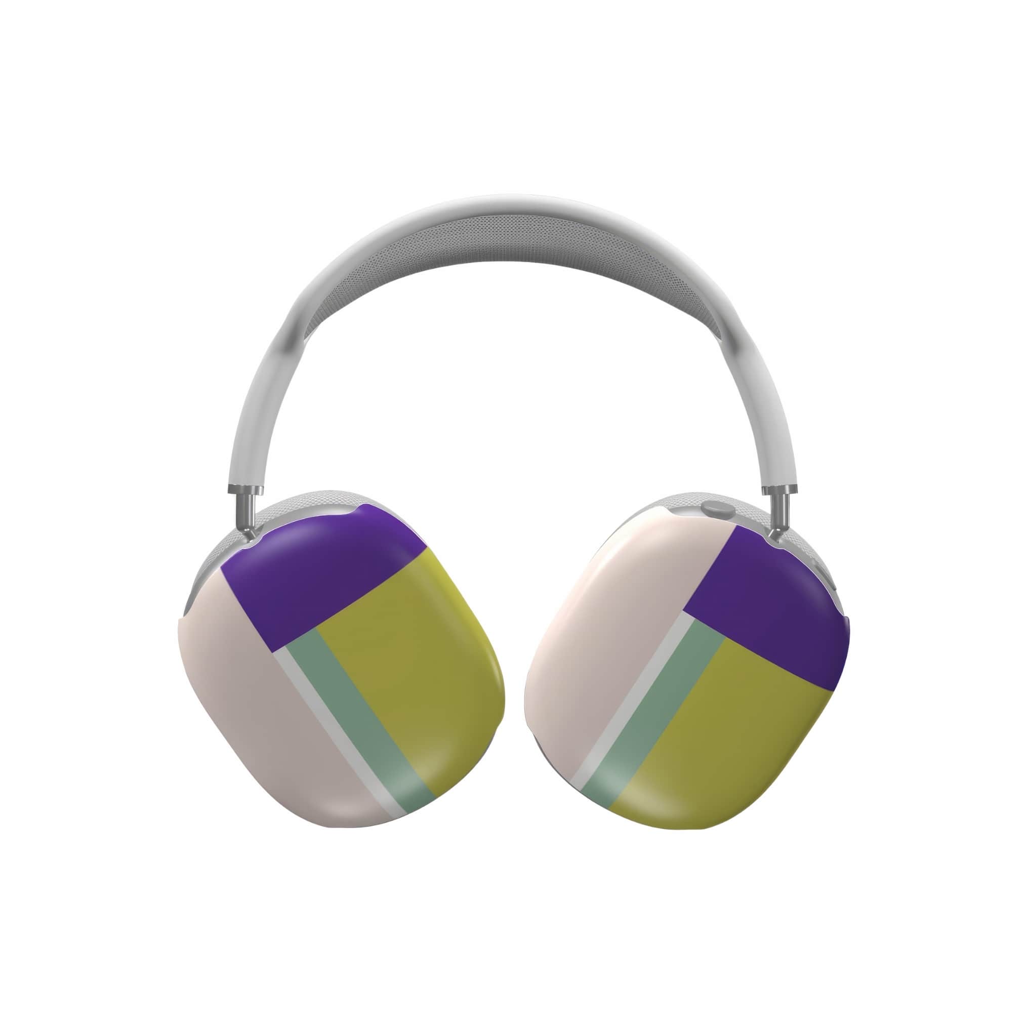 AirPods Max tough case Retro Stripes 5 pattern design with a bold color blocks in vintage, mid century modern style, featuring an elegant and expressive aesthetic design. Main colors are mustard yellow, purple and light pink. Front view.