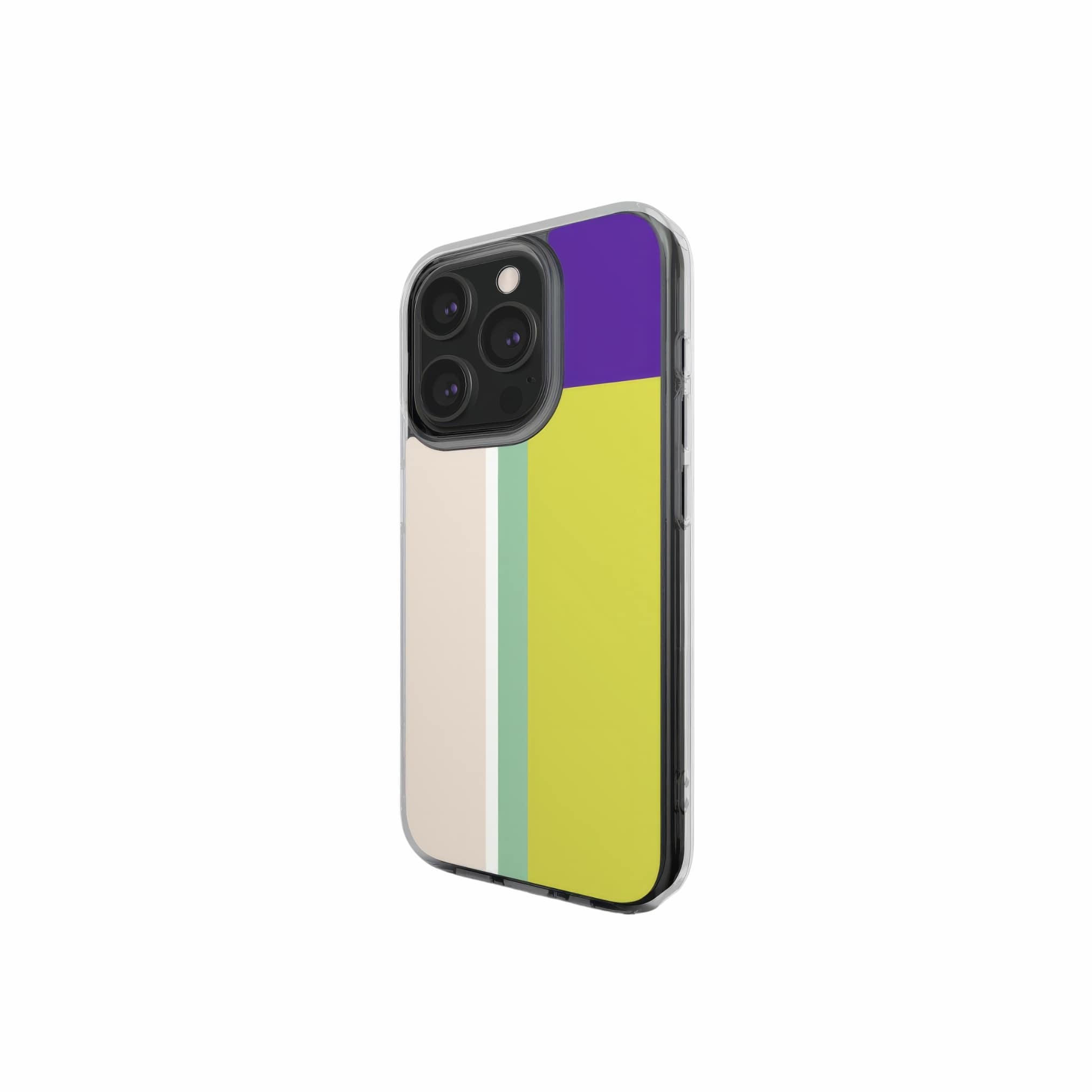 Clear phone case Retro Stripes 5 pattern design with a bold color blocks in vintage, mid century modern style, featuring an elegant and expressive aesthetic design. Main colors are mustard yellow, purple and light pink. Side view.