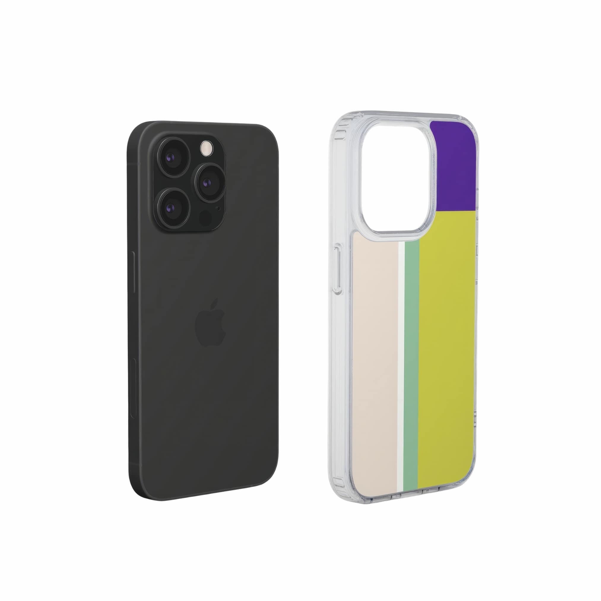 Clear phone case Retro Stripes 5 pattern design with a bold color blocks in vintage, mid century modern style, featuring an elegant and expressive aesthetic design. Main colors are mustard yellow, purple and light pink. Side view.