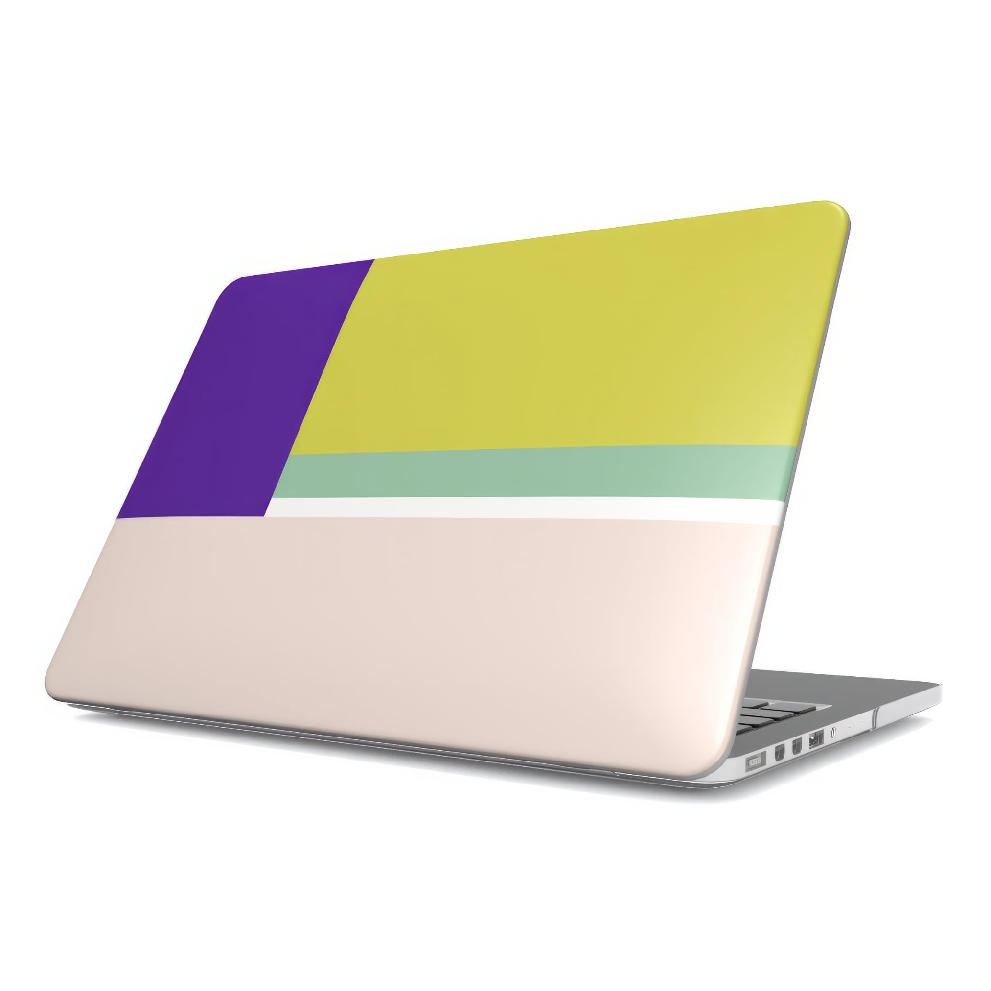 MacBook case Retro Stripes 5 pattern design with a bold color blocks in vintage, mid century modern style, featuring an elegant and expressive aesthetic design. Main colors are mustard yellow, purple and light pink. Front view.