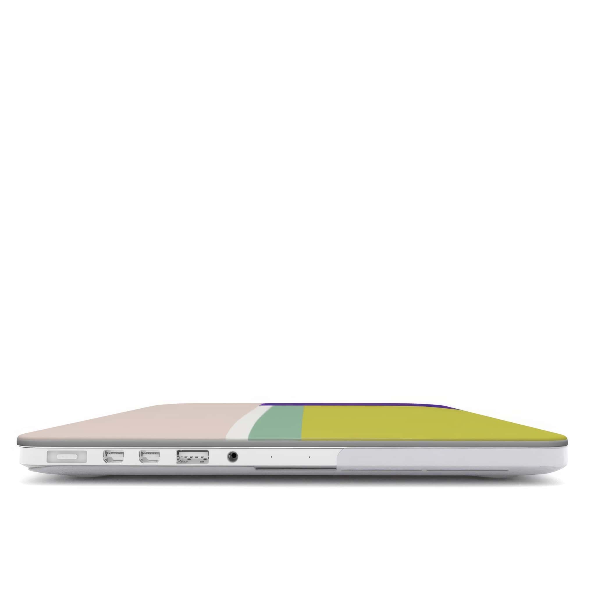 MacBook case Retro Stripes 5 pattern design with a bold color blocks in vintage, mid century modern style, featuring an elegant and expressive aesthetic design. Main colors are mustard yellow, purple and light pink. Closed view.