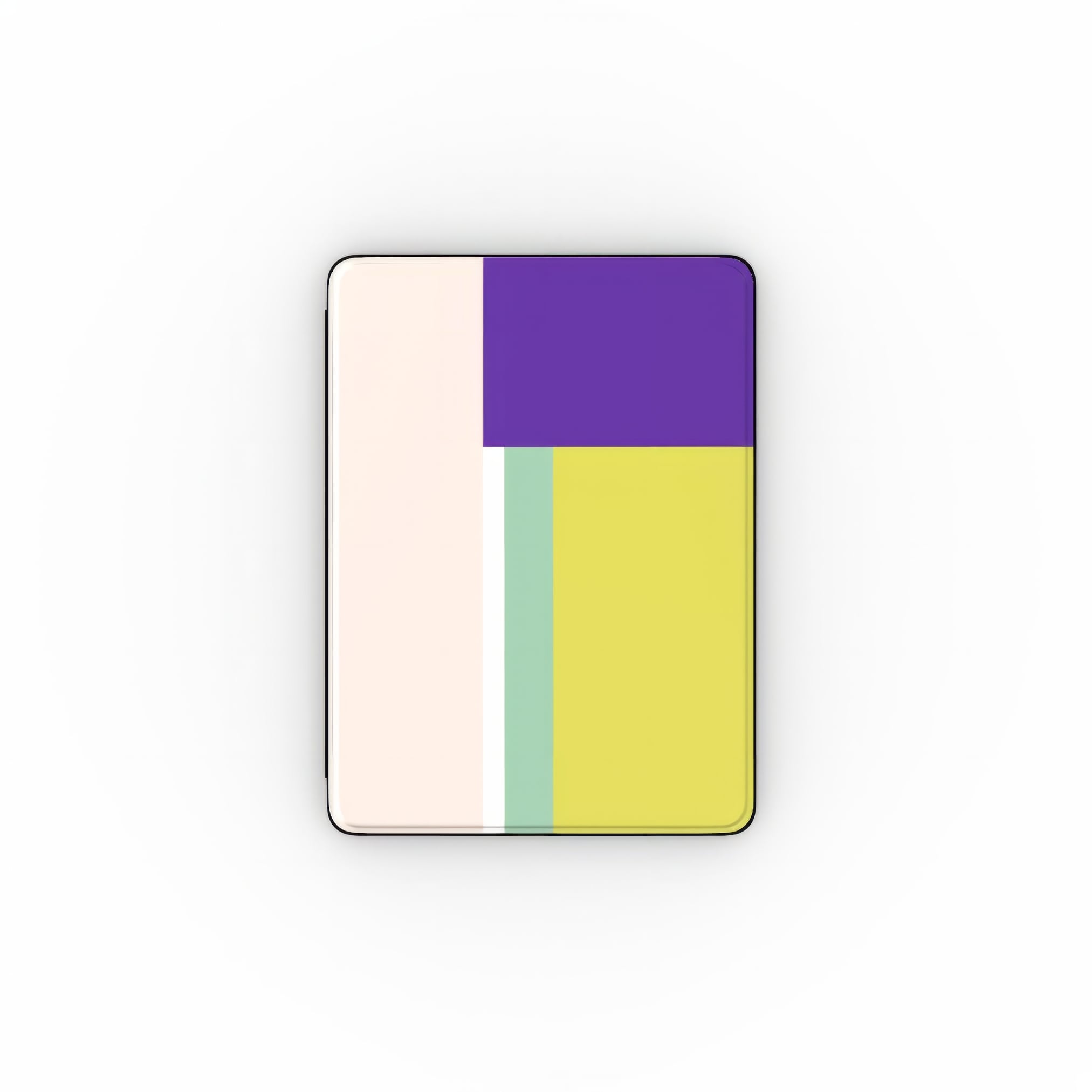 iPad case Retro Stripes 5 pattern design with a bold color blocks in vintage, mid century modern style, featuring an elegant and expressive aesthetic design. Main colors are mustard yellow, purple and light pink. Front view.